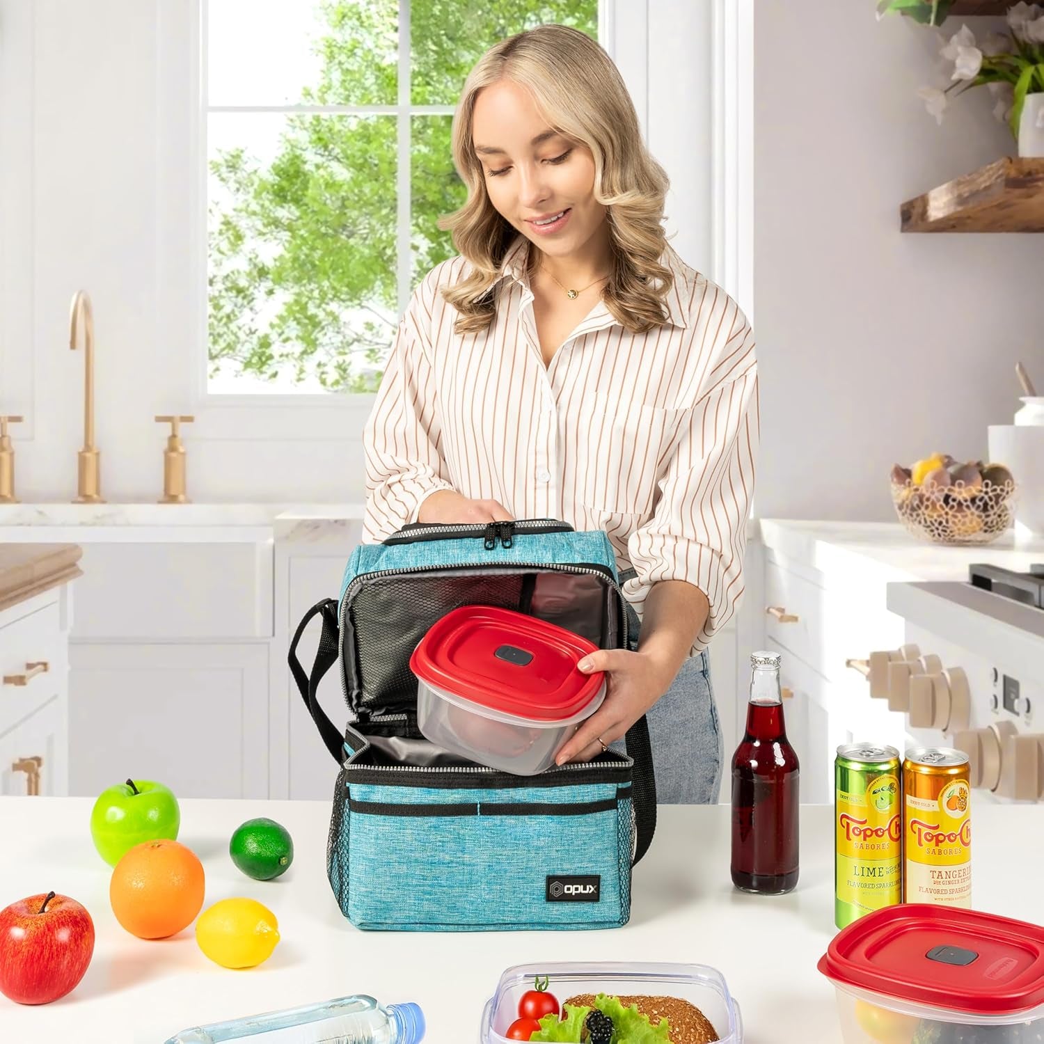 OPUX Insulated Double Decker Lunch Box - Large 12L Leakproof Cooler for Adults & Kids - Aqua Turquoise Soft Tote for Work & School Meal Prep