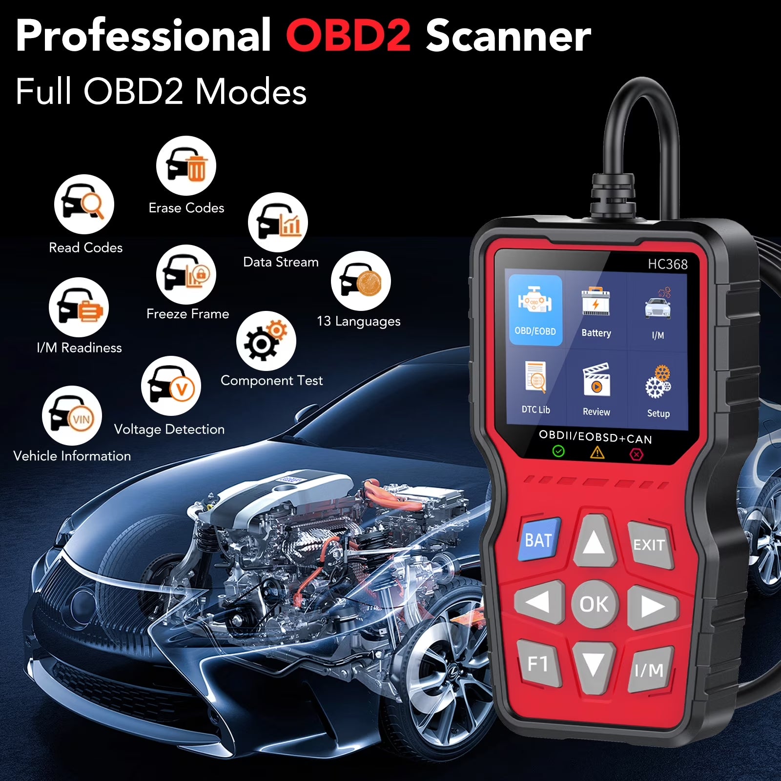 OBD2 Scanner Diagnostic Tool, Check Engine Code Reader & Car Scanner, Mode 6 Mode 8 & I/M Readiness for Smog Check, Battery Test & EPB/SAS Reset, Auto Diagnostic Scan Tool for All OBDII Cars 1996+