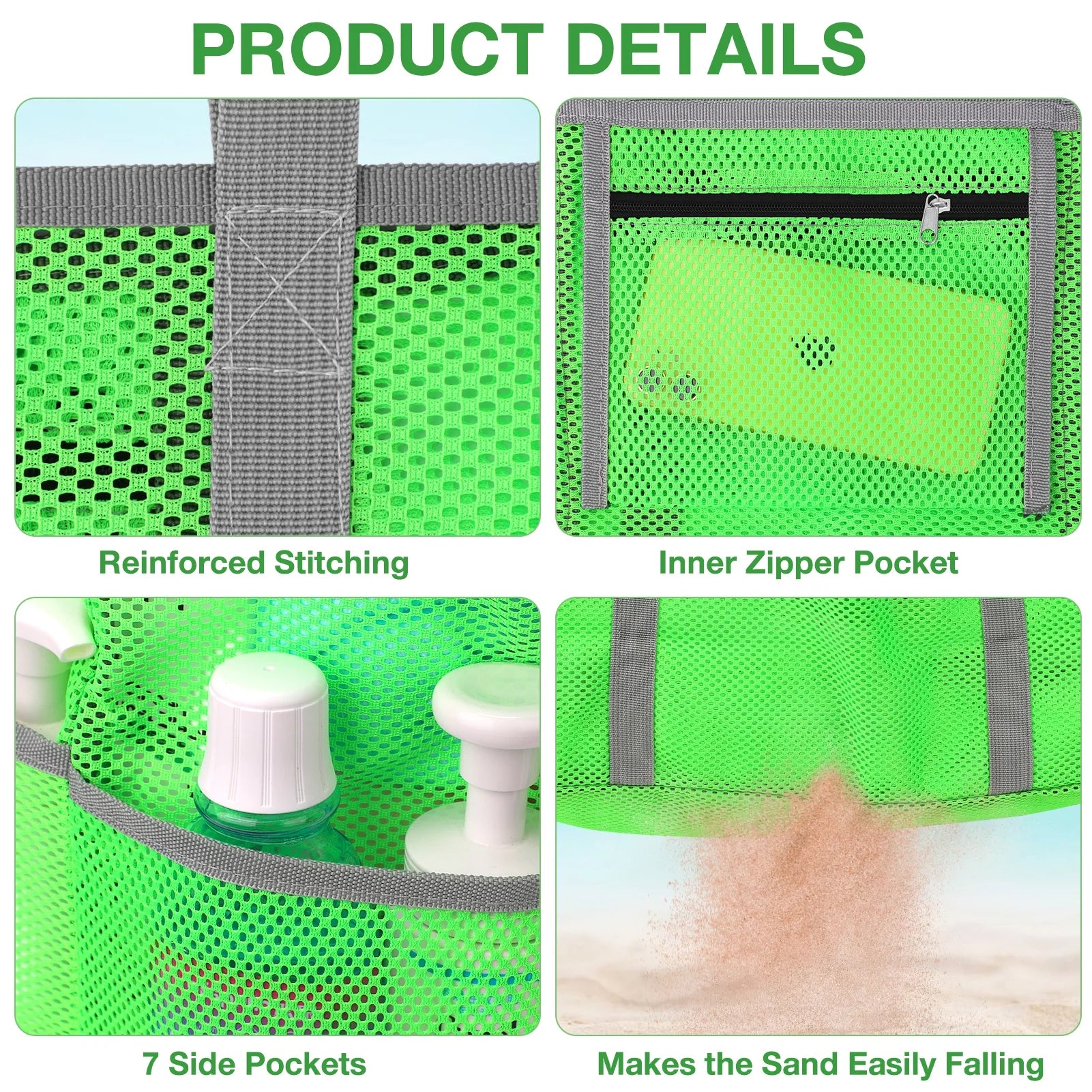 Livhil Mesh Beach Bag Rope Handles, Mesh Tote Bag for Women Contains Wicker Oversized Beach Tote Bag with 9 Small Pockets (Green)