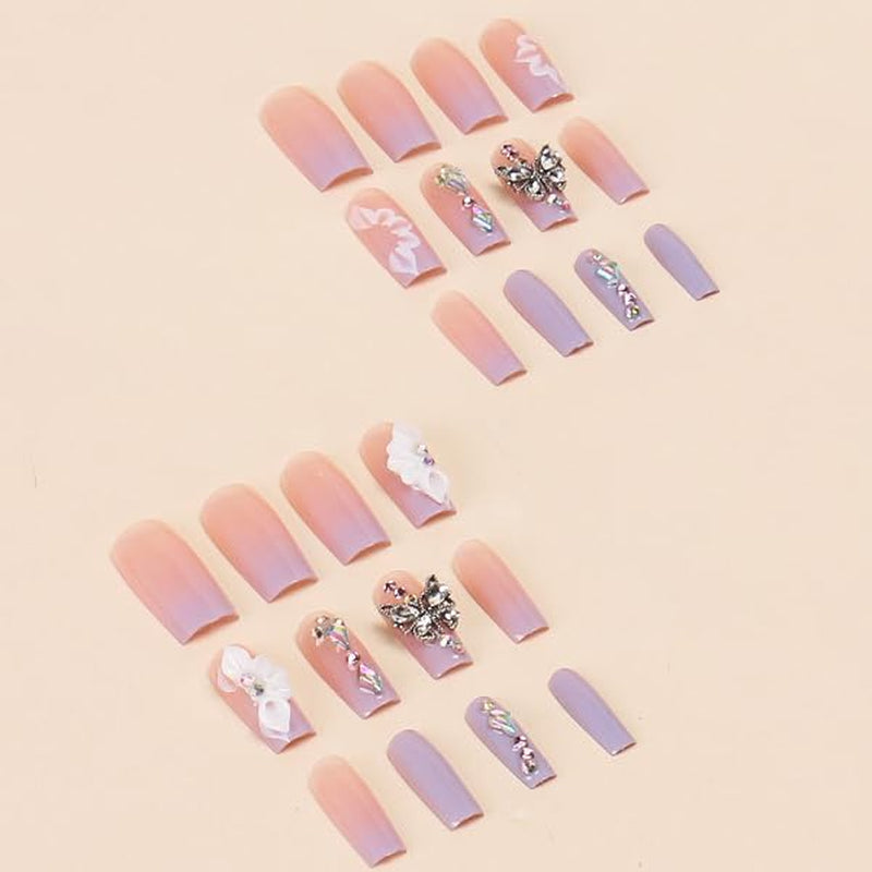 Gorgeous Purple Gradient Press-On Nails with Butterfly Rhinestone Designs - Long Square Full Cover Acrylic Nail Kit