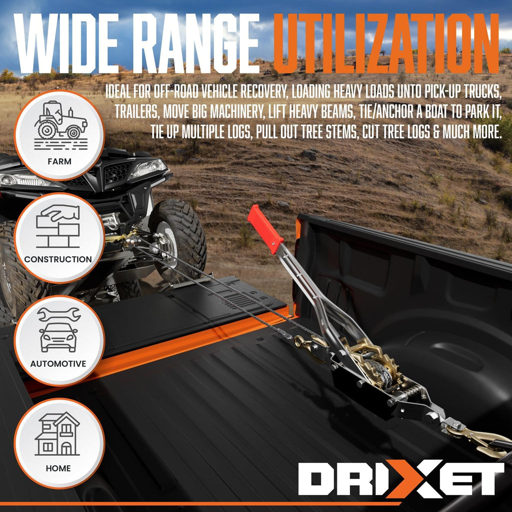 Drixet 4 Ton Come Along Winch - Heavy Duty Power Puller Hand Winch with Cable, Pulley, and Dual Gears Ratchet System for Effortless Pulling (3 Hooks)
