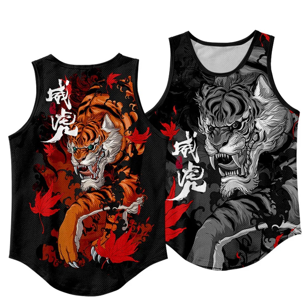 Men'S Fashion Sleeveless Black Tiger Print Tank Top Vest Fitness Bodybuilding Muscle Undershirt Gym Sportwear