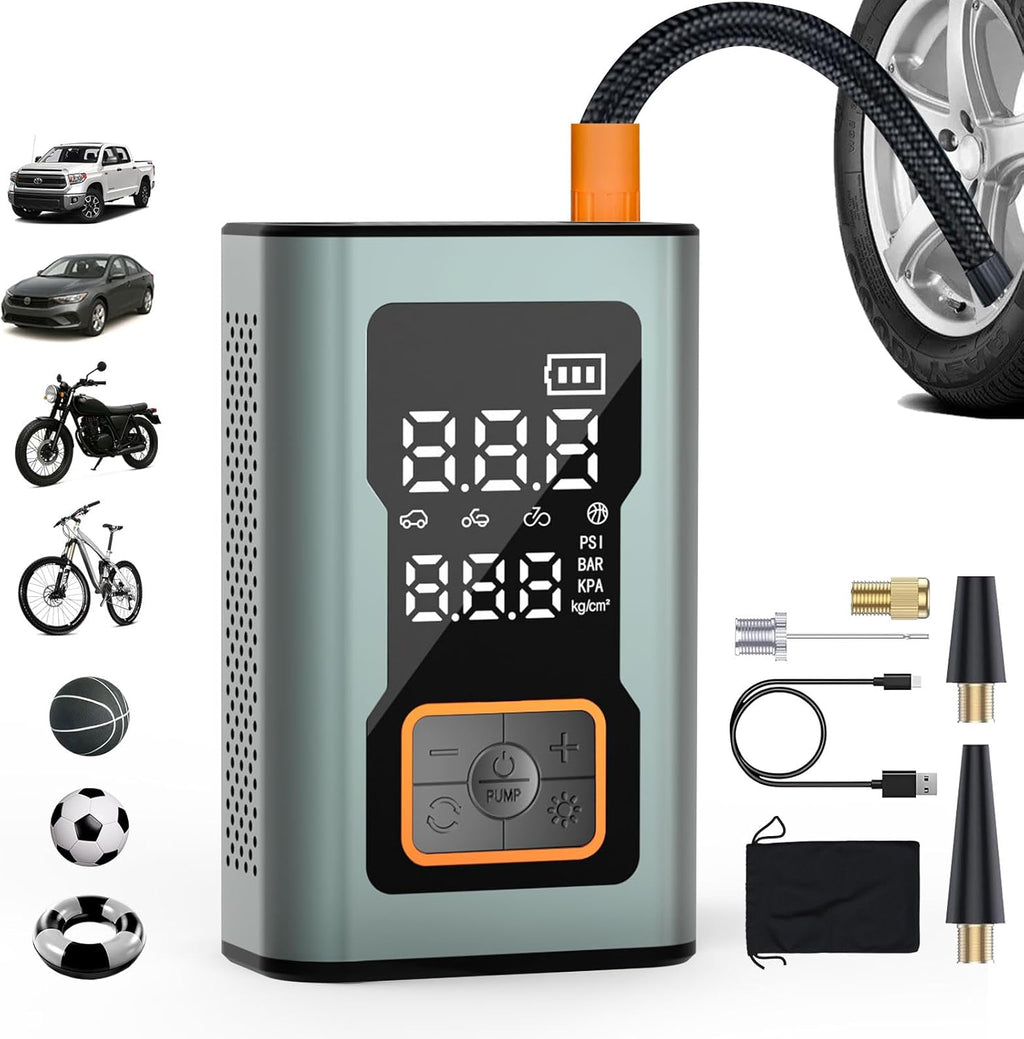 Cordless Tire Inflator Portable Air Compressor, 150 PSI Mini Bike Pump with Digital Dual Values Display, Electric Car Pump with Pressure Gauge LED Light, Air Pump for Auto, Motorcycle, Bicycle, Balls