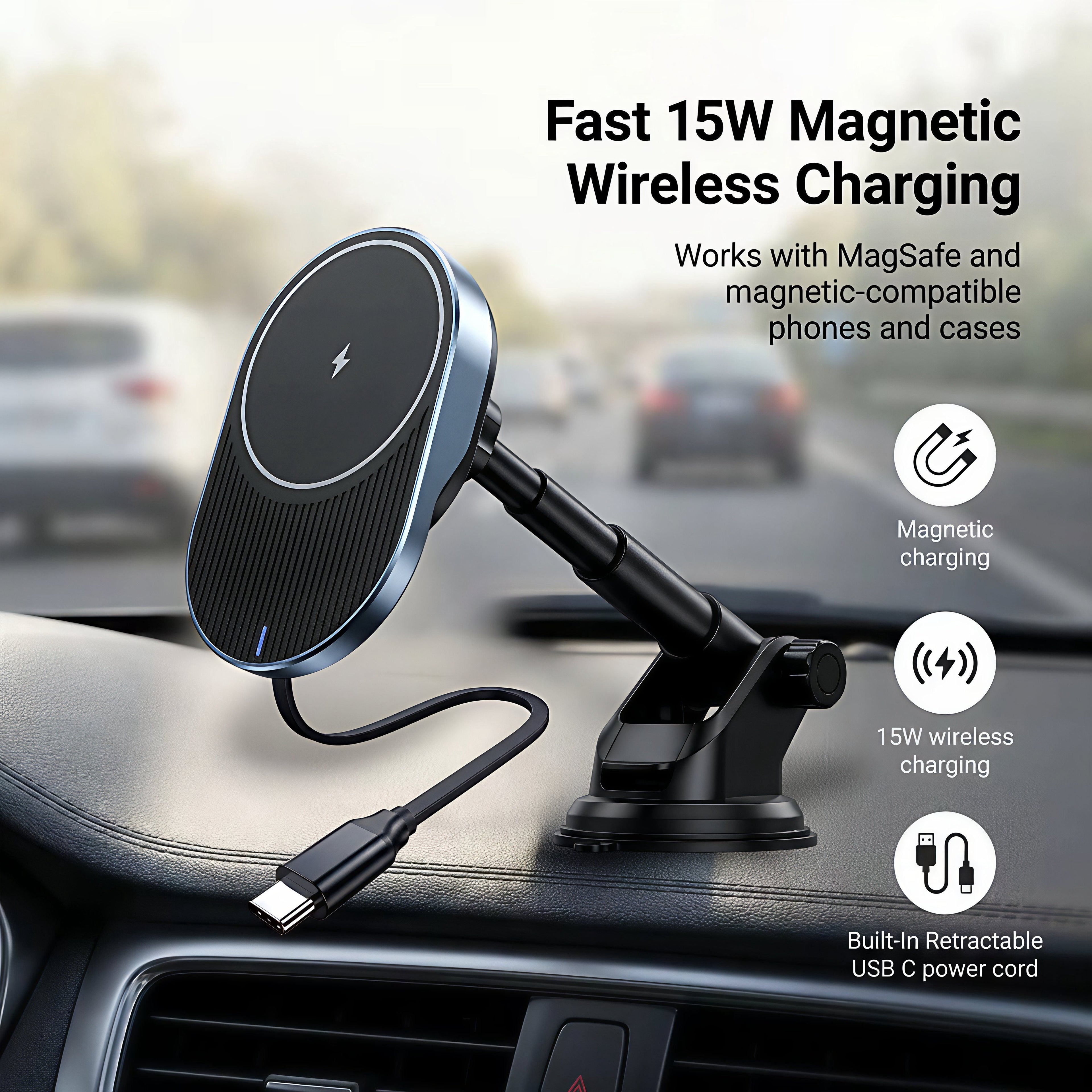 IJS Magnetic Wireless Car Charger with Built-In Retractable Cord and Extendable Windshield Dashboard Phone Mount, Magsafe Compatible, 15W