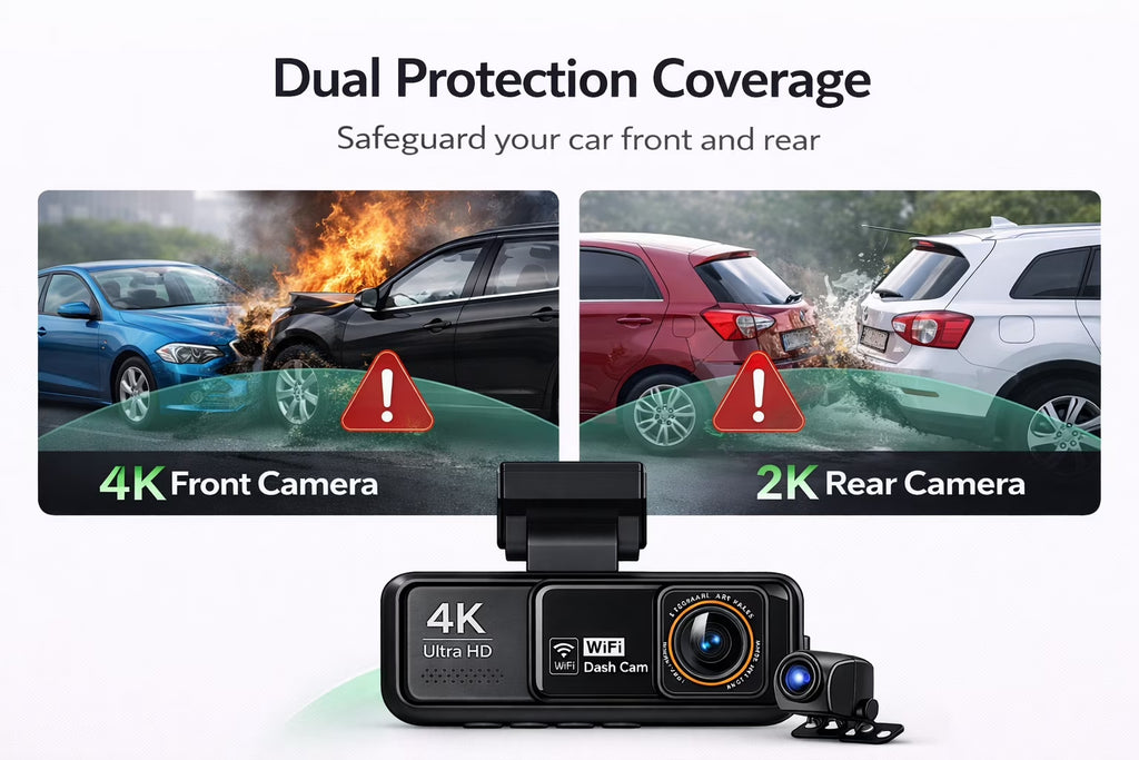 4K Dash Cam Front & 2K Rear, Wifi GPS, Night Vision, Parking Mode, Loop Recording, Memory Card Included