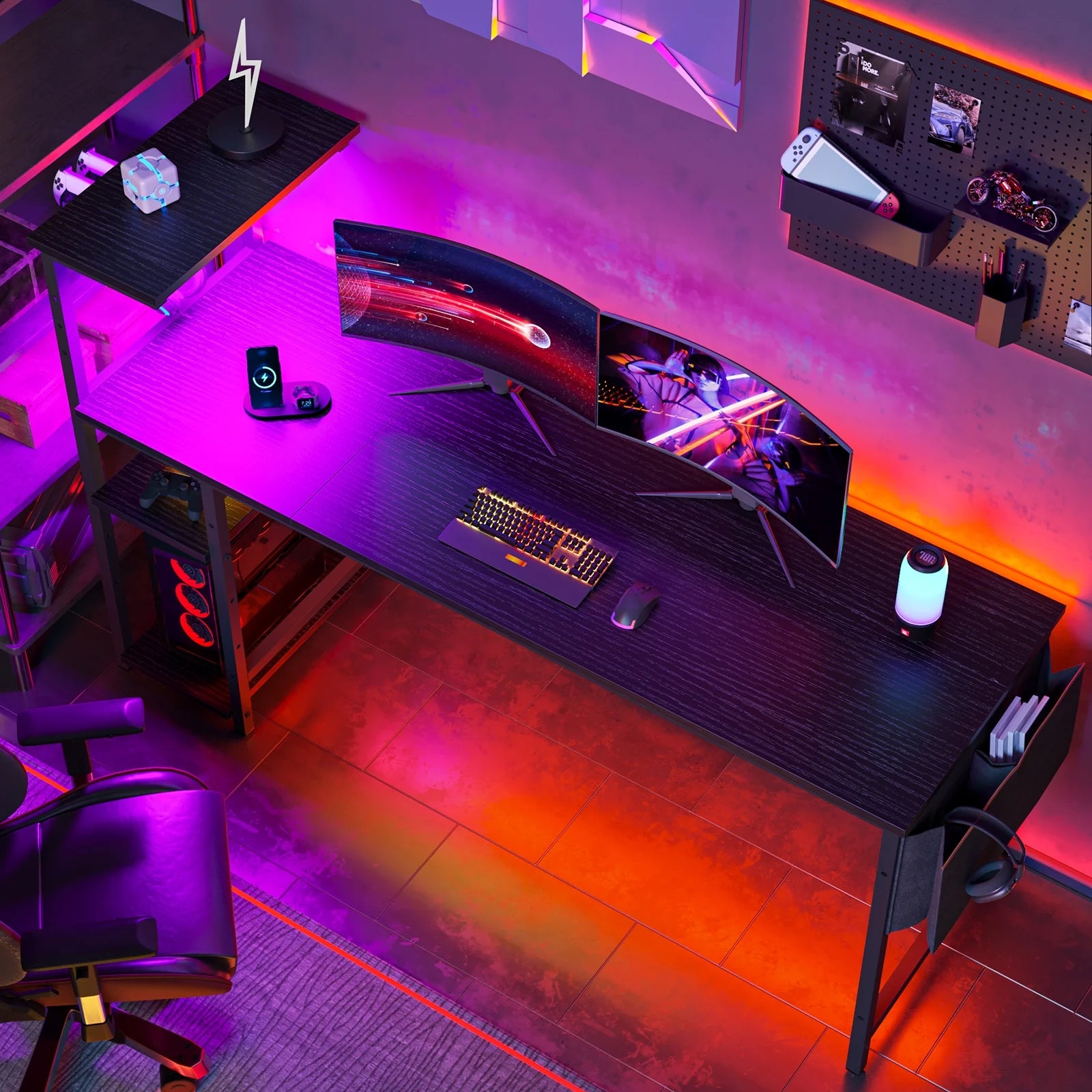 61" Reversible Gaming Desk Computer Desk with LED Lights 4 Tier Shelves Black