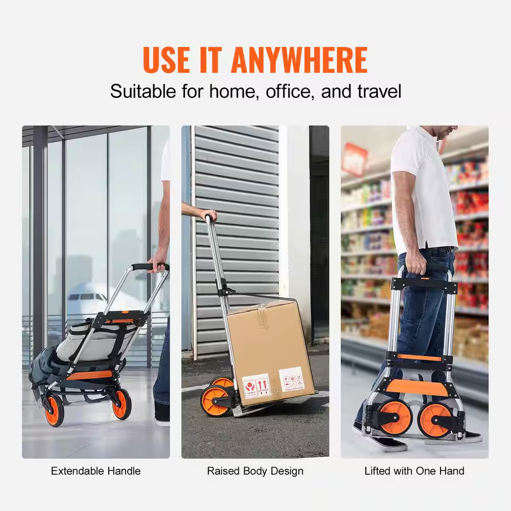 Folding Hand Truck, 275 Lbs. Capacity, Aluminum Portable Cart, Convertible with Telescoping Handle and PP+TPR Wheels