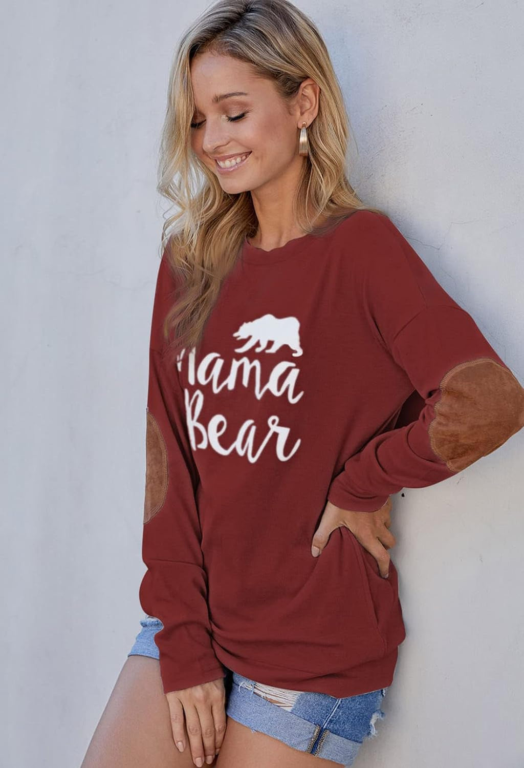 Pink Queen Women'S Mama Bear Shirt Batwing Sleeve Patches Top Wine Red Size M