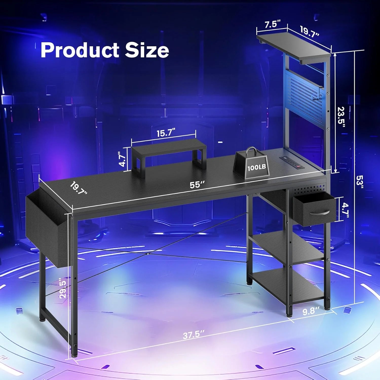 55" Gaming Desk with Adjustable Storage Rack & LED Lights, Power Outlets for Adult and Teen