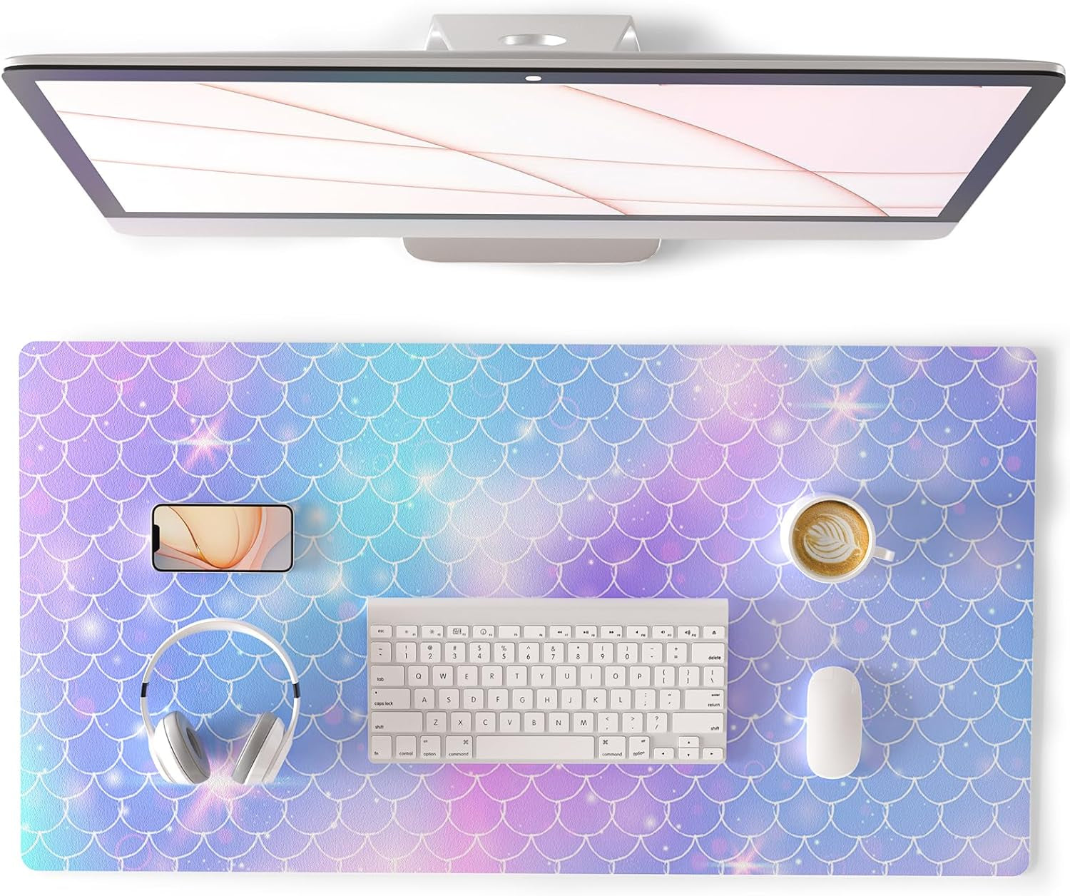 QIYI White Mouse Pad, Cute Marble Large Desk Mat, PU Leather Desk Protector Mousepad, Gold Grey Striped Waterproof Computer Keyboard Gaming Mouse Pads, Non Slip Extended Writing Pad 31.5" X 15.7"
