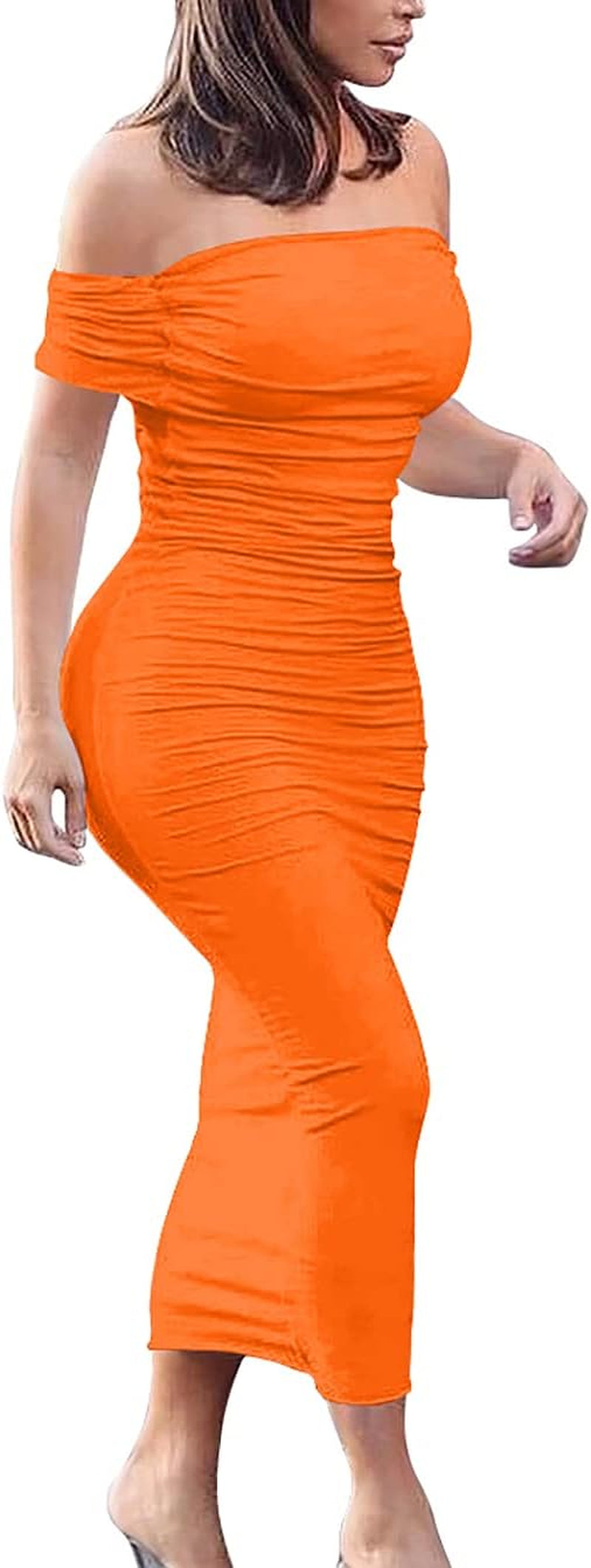GOBLES Women'S Ruched off Shoulder Short Sleeve Bodycon Midi Elegant Cocktail Party Dress Fluo Orange