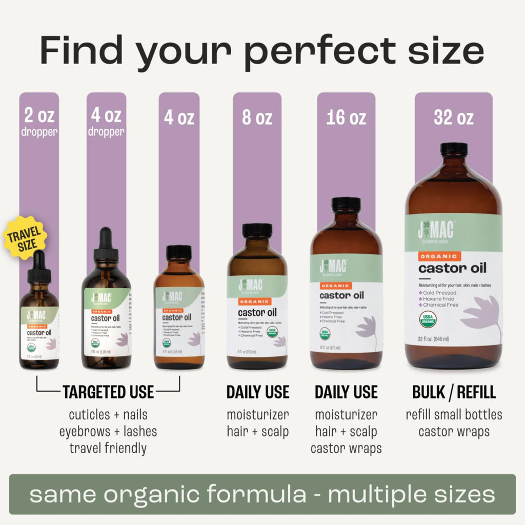 J MAC BOTANICALS USDA Certified Organic Cold Pressed Castor Oil - 16 Oz Amber Glass Bottle for Ultimate Moisture for Hair, Skin, Face, Eyelashes, Brows, and Nails - Hexane Free