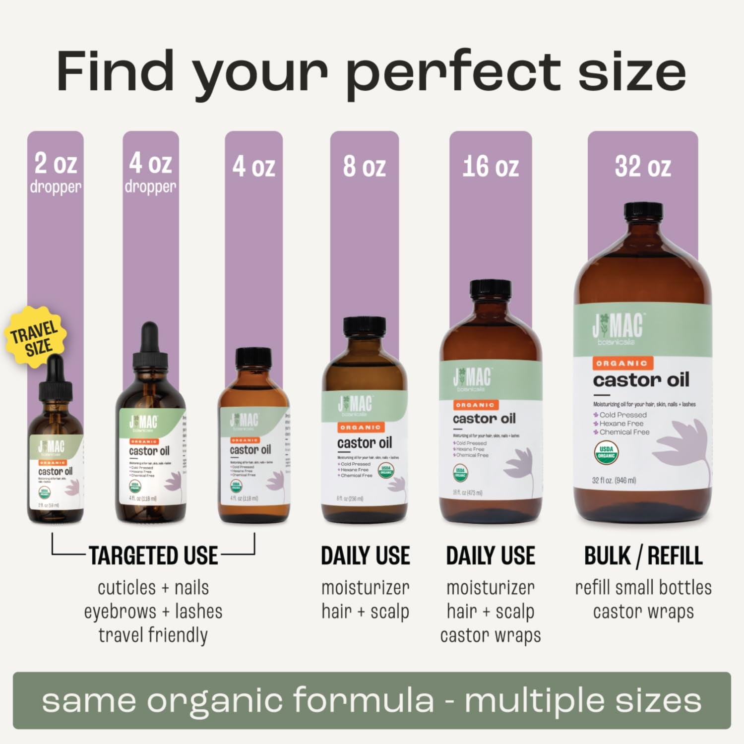 J MAC BOTANICALS USDA Certified Organic Cold Pressed Castor Oil - 16 Oz Amber Glass Bottle for Ultimate Moisture for Hair, Skin, Face, Eyelashes, Brows, and Nails - Hexane Free