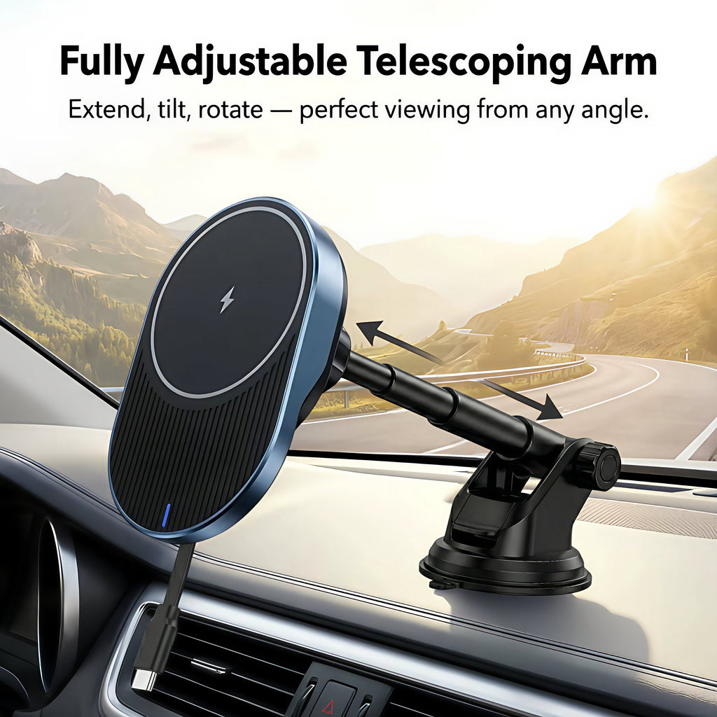 IJS Magnetic Wireless Car Charger with Built-In Retractable Cord and Extendable Windshield Dashboard Phone Mount, Magsafe Compatible, 15W