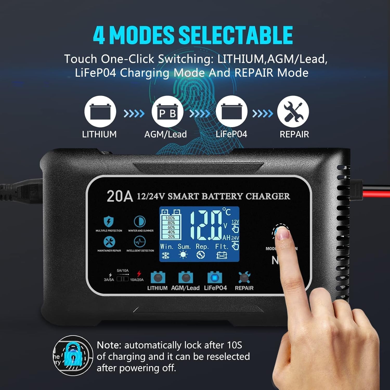 Battery Charger 0-20A 12V and 24V Lithium, Lifepo4, Lead Acid (Agm/Gel/Sla), Smart Car Battery Charger and Maintainer, Trickle Charger with Pulse Repair for Car, Boat, Marine, Deep Cycle
