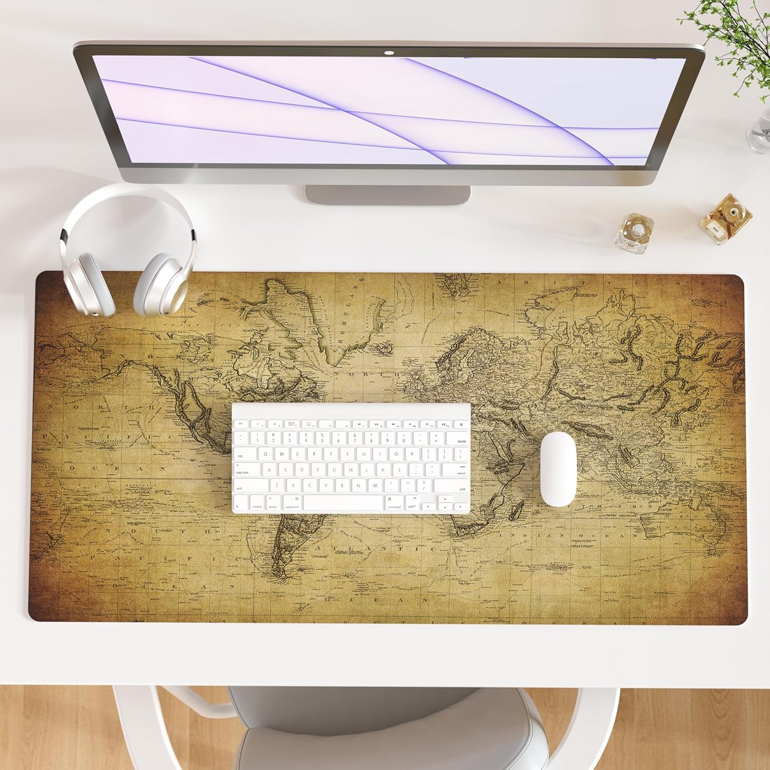QIYI White Mouse Pad, Cute Marble Large Desk Mat, PU Leather Desk Protector Mousepad, Gold Grey Striped Waterproof Computer Keyboard Gaming Mouse Pads, Non Slip Extended Writing Pad 31.5" X 15.7"