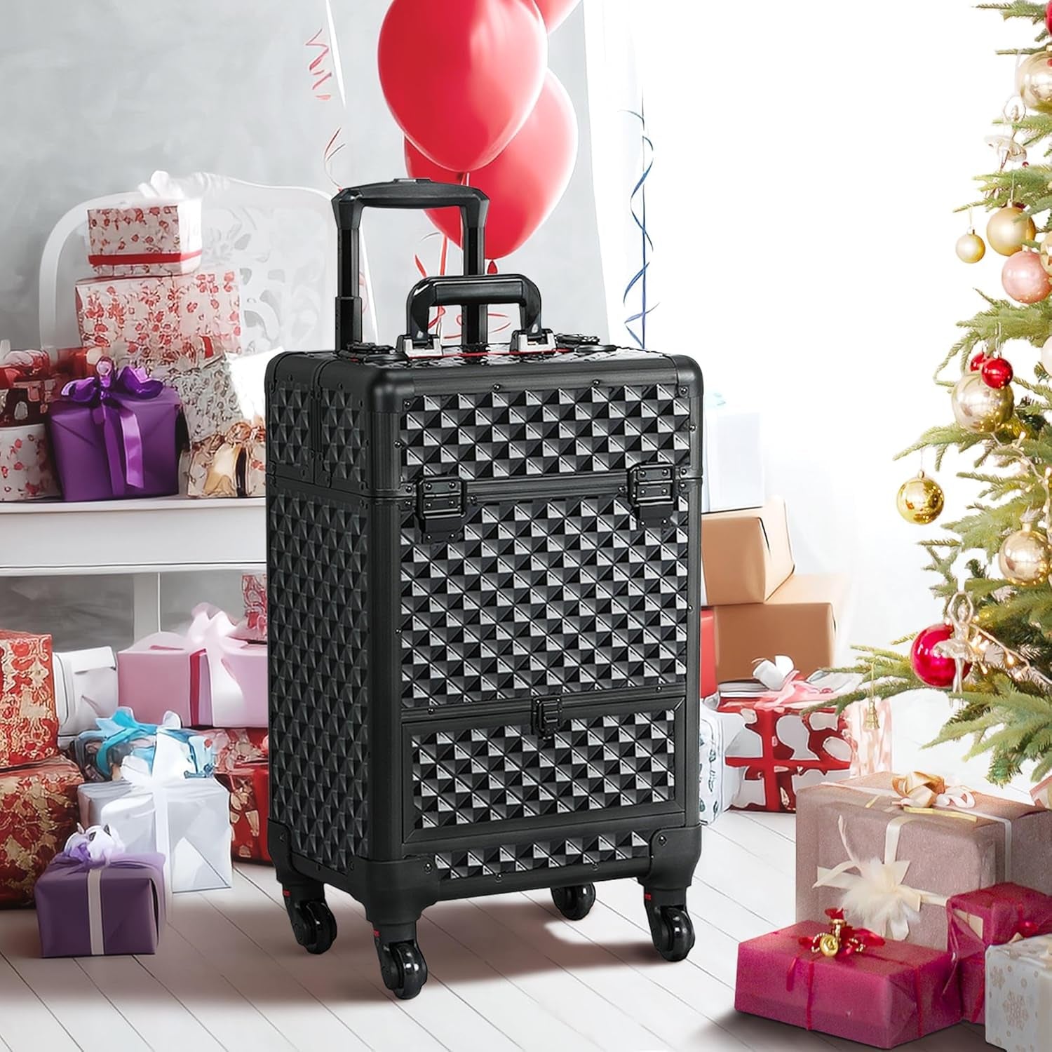 Yaheetech Rolling Makeup Train Case Aluminum Cosmetic Case with Wheels Barber Case Salon Lockable Travel Trolley with Sliding Drawers Removable Divider, Black/Red