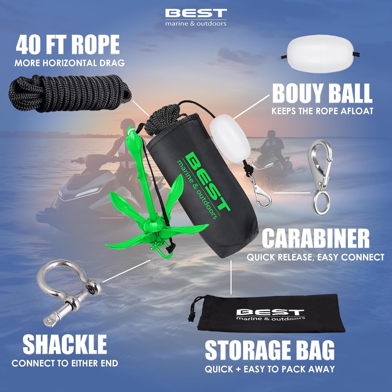 Best Marine and Outdoors Kayak Anchor, 3.5 Pound Anchor System Kit for Kayaks, Canoes, SUP Paddle Boards & Jet Skis, Fishing, Boating & Kayaking Accessories