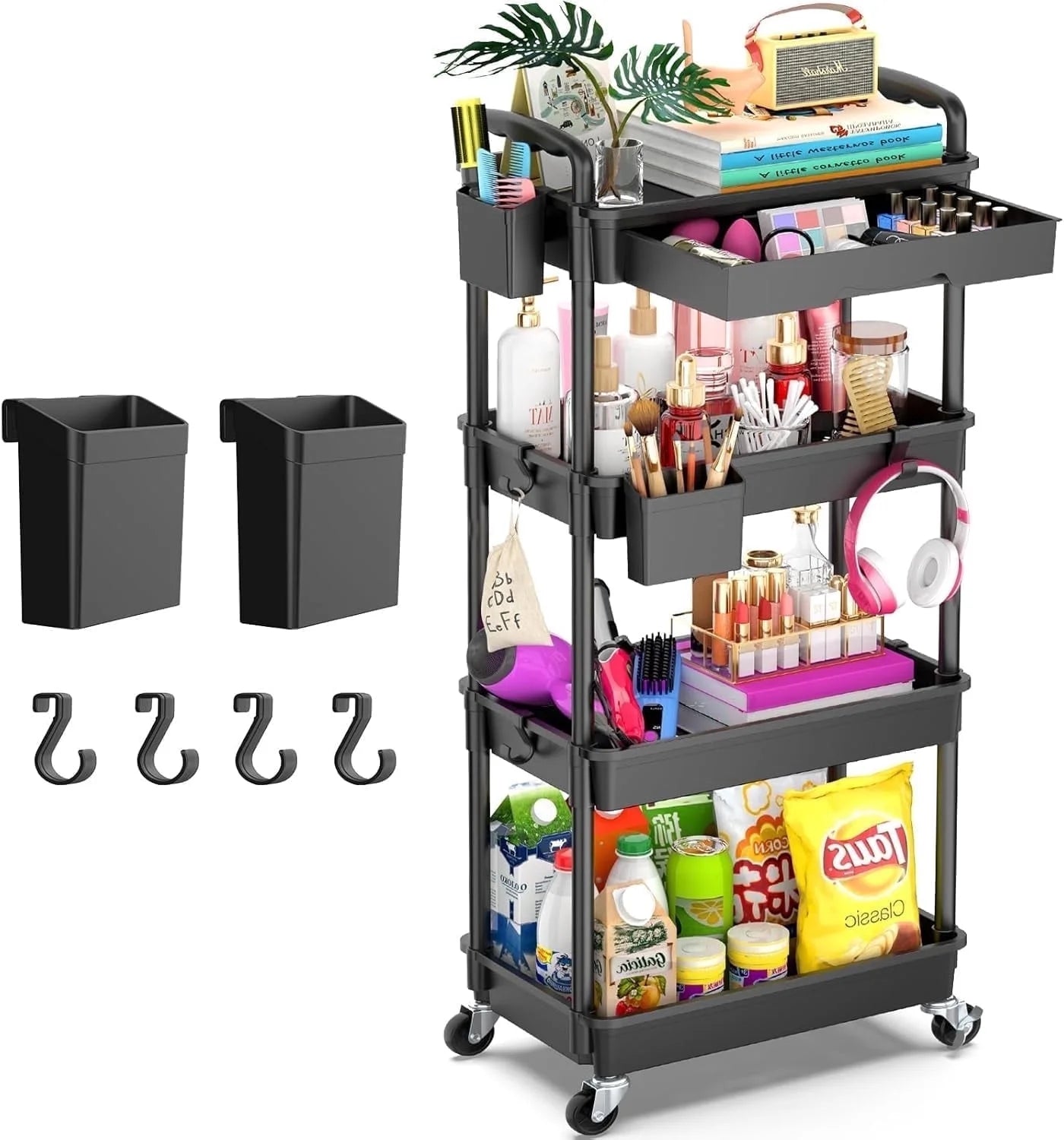 Yeabett 4 Tier Rolling Utility Cart Organizer with Removable Drawer, Mobile Storage Carts with 2 Lockable Wheels for Bathroom, Kitchen, Snack, Craft, Makeup, Baby Essentials，Purple