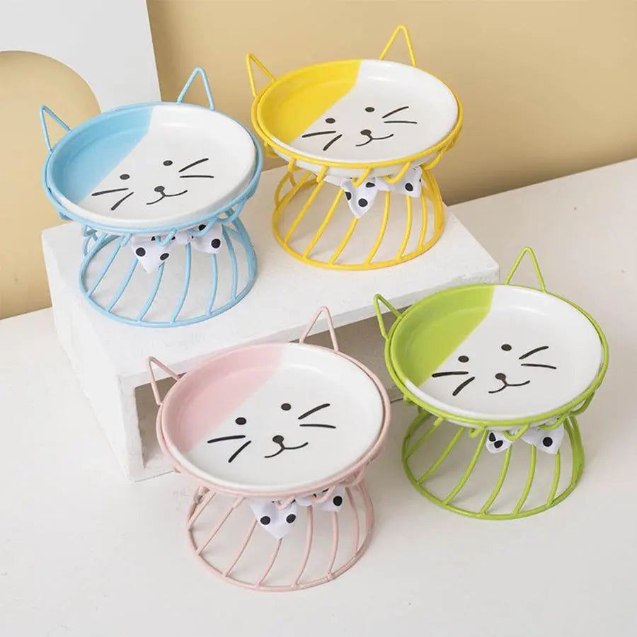 Ceramic Pet Feeding Bowl with Stand - Cute Cat Pattern, Suitable for Dogs and Cats, 1 Count