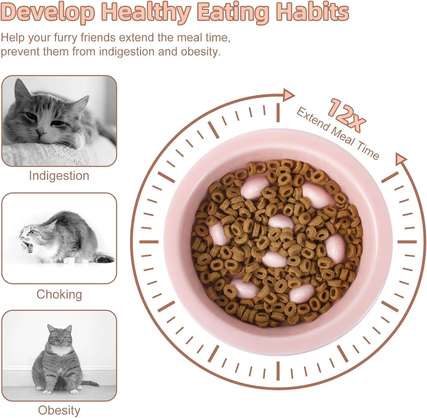Elevated Ceramic Cat Bowl with Metal Stand - Slow Feeder Pet Dish for Dogs and Cats