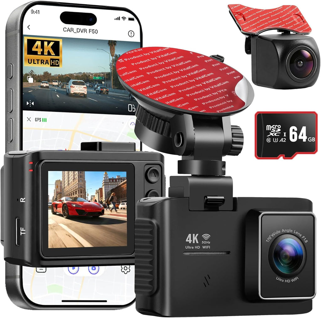4K Dash Cam Front and Rear, STARVIS 2 Night Vision, Free 64GB Card, 5Ghz Wifi with App, Built-In GPS, Dash Camera for Cars 170° Wide Angle, 3" IPS Screen, Loop Recording, 24H Parking Monitor