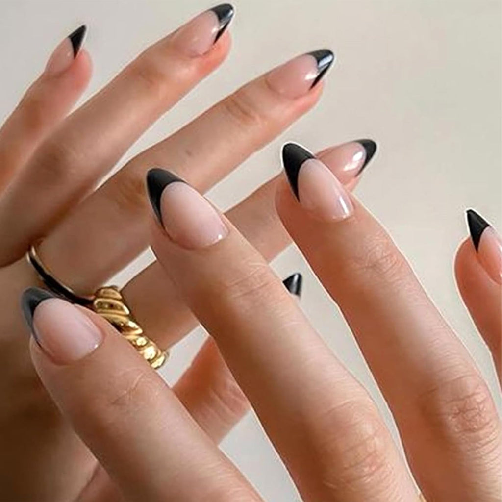 Stylish 6 Pack French Tip Press-On Nails - Almond, Square & Coffin Shapes in Elegant White & Bold Black, Complete with Glue!