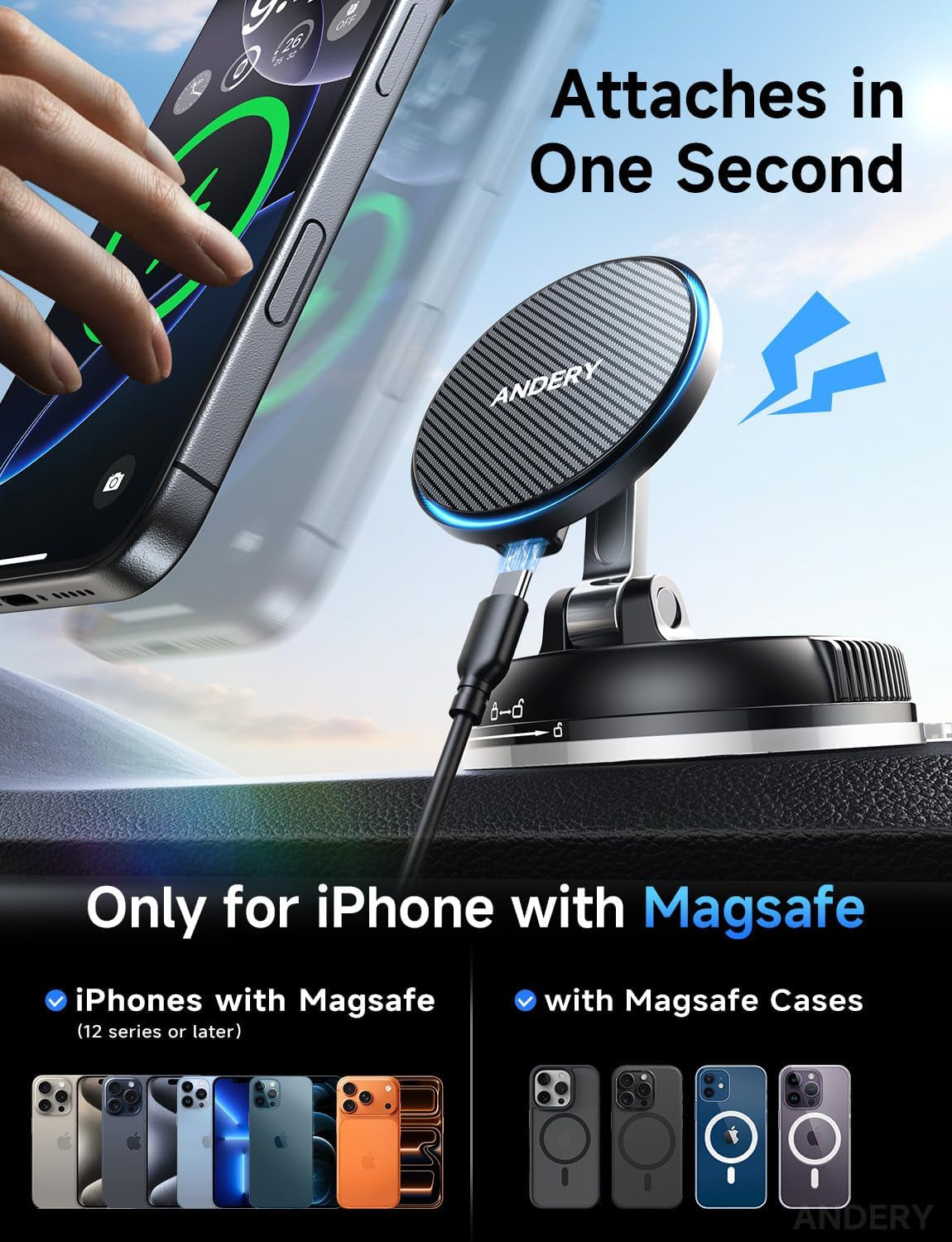ANDERY Only for Iphone Magsafe Car Mount Charger [15W Fast Wireless Charge, 78+LBS Strong Suction & 2400Gf Magnetic] 360° Adjustable Car Phone Holder, Phone Holders for Your Car Dash Accents Accessory