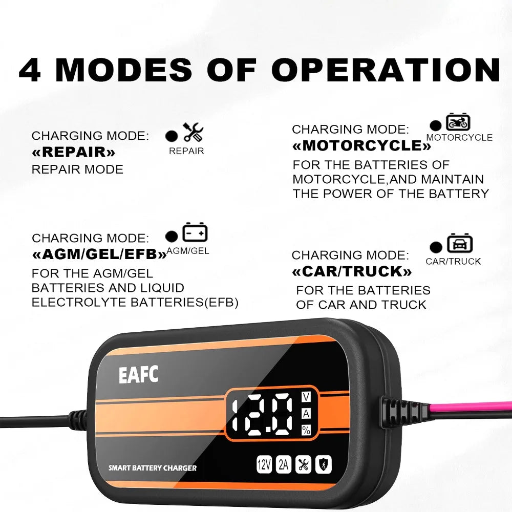 Newest 12V Car Battery Charger 2Ah-20Ah Intelligent Digital Display Lead Acid Battery Repair Charger for Car SUV Motorcycle