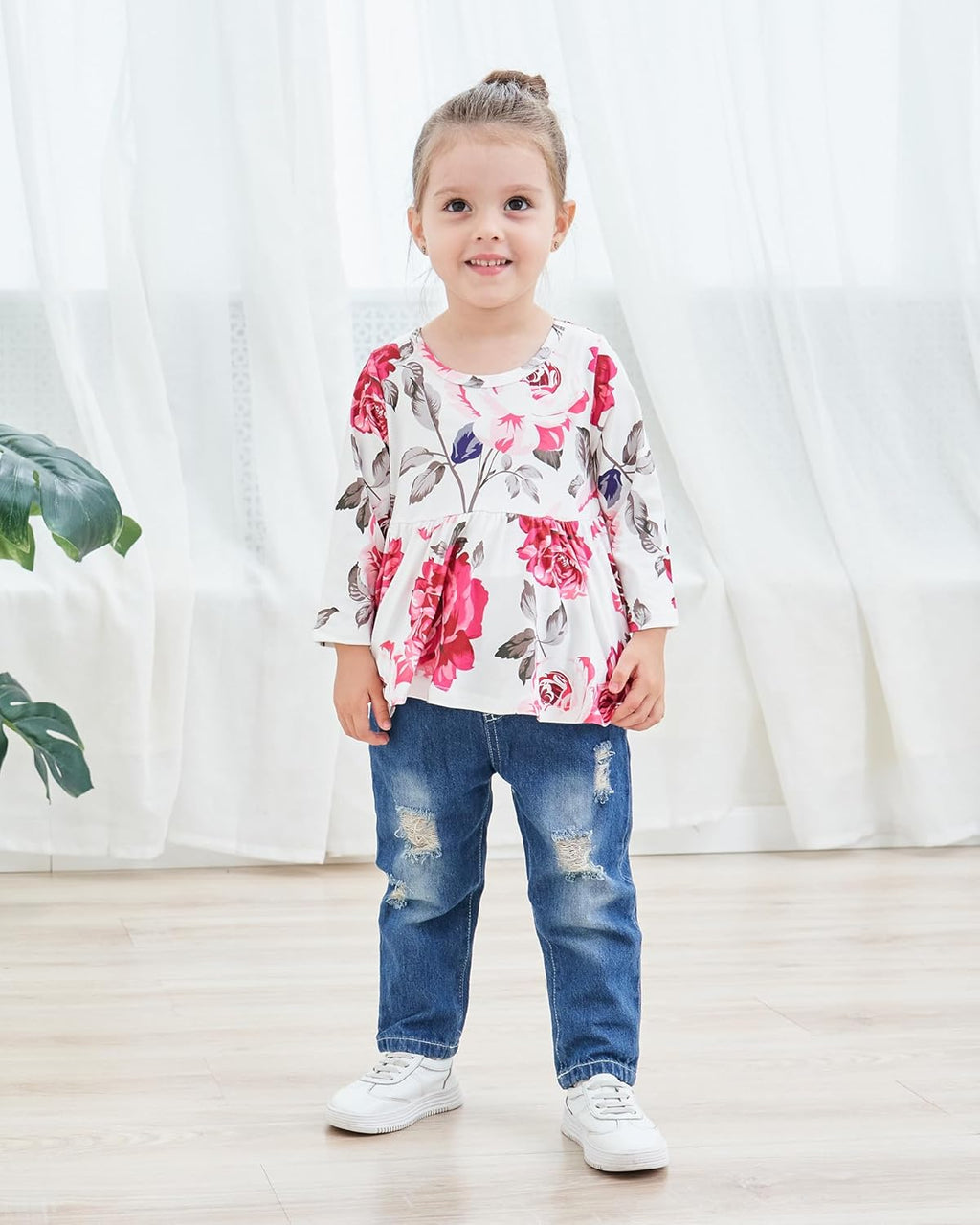 NZRVAWS 9-12 Months Toddler Girls Clothes Baby Outfit Floral Long Sleeve Shirt Tops Denim Ripped Jeans Long Pant Infant for Girls