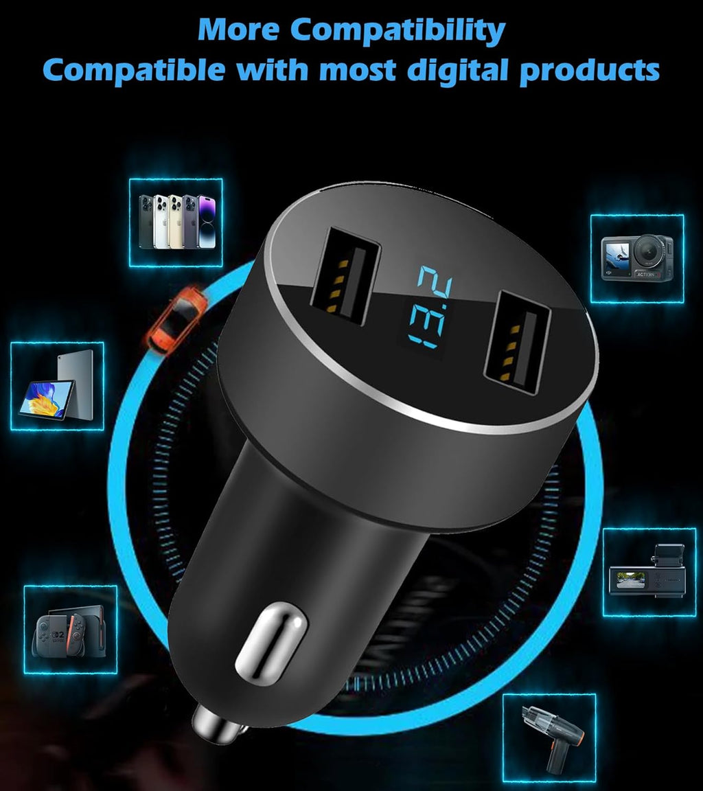 LIHAN 2 USB Car Charger,12V/24V Voltage Meter, Output 4.8A, Cigarette Lighter Plug Adapter Compatible with Iphone,Ipad, Samsung, USB Charging Devices, Black