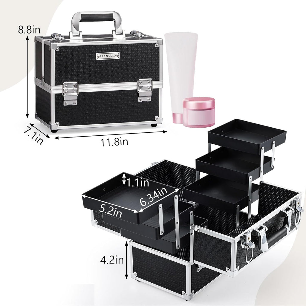 FRENESSA Makeup Train Case Makeup Case 11.8 Inch Large Cosmetic Box Organizer Travel Storage Professional Make up Train Carrying Case with 6 Trays Locking Hard Vanity Storage Black
