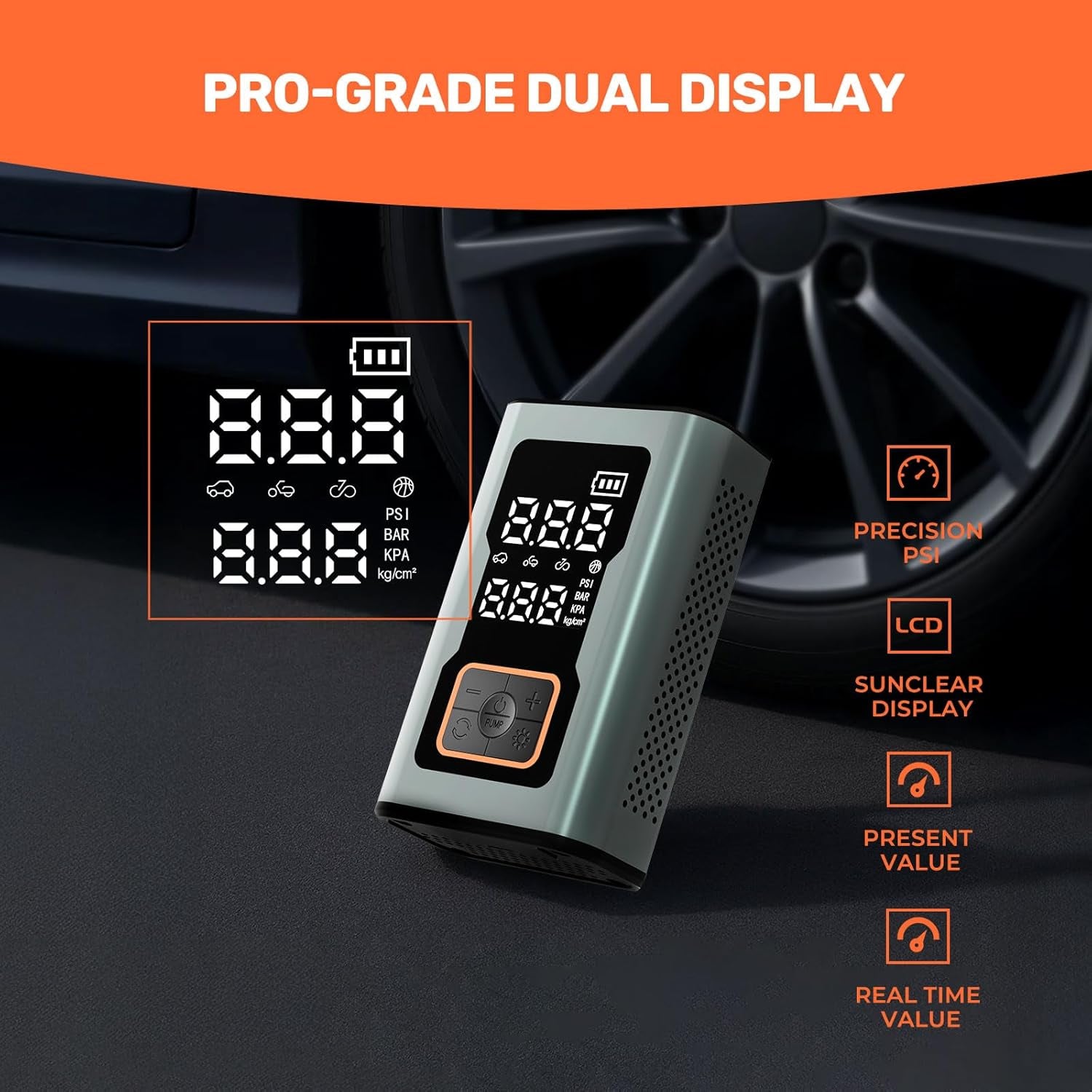 Cordless Tire Inflator Portable Air Compressor, 150 PSI Mini Bike Pump with Digital Dual Values Display, Electric Car Pump with Pressure Gauge LED Light, Air Pump for Auto, Motorcycle, Bicycle, Balls