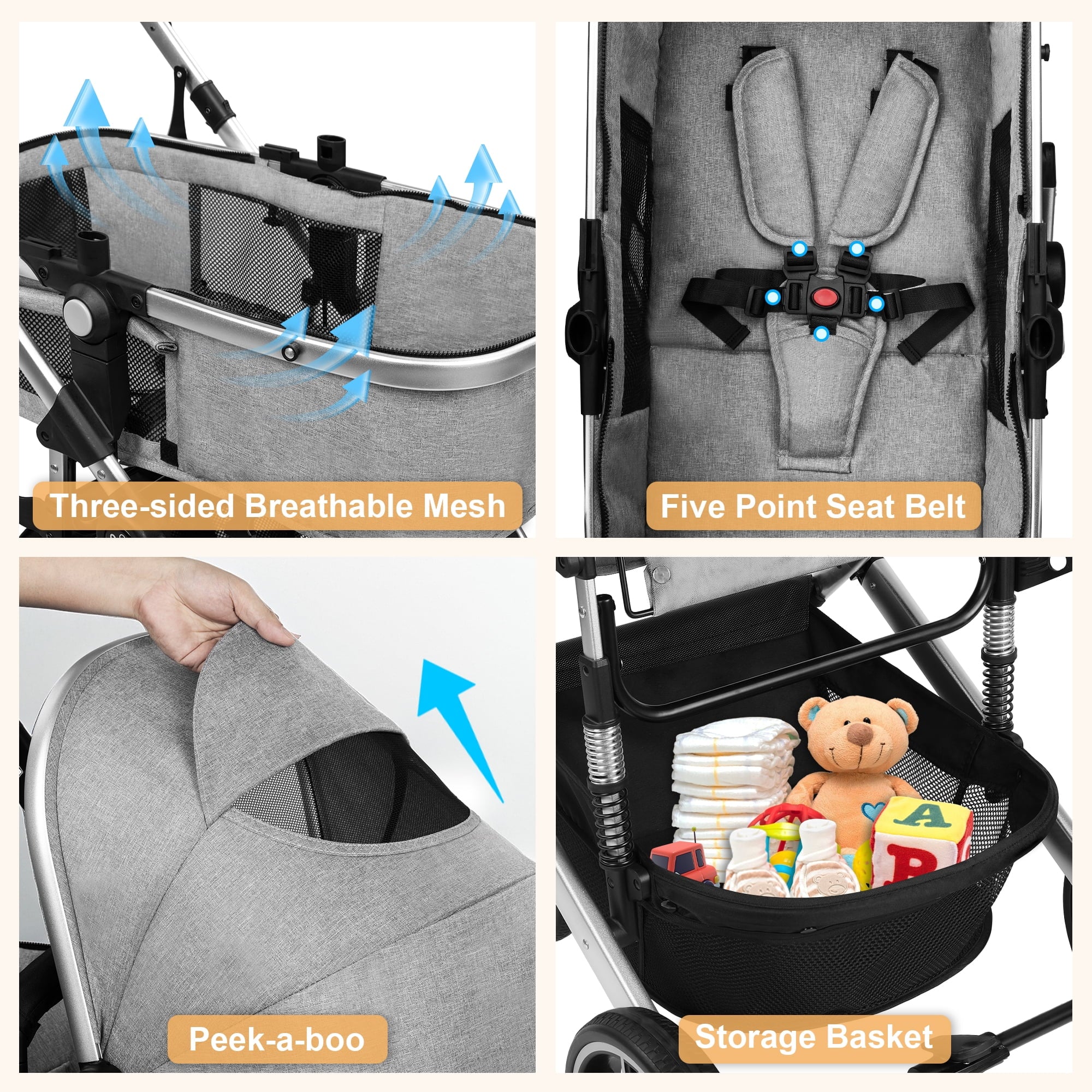Vomeast Baby Stroller, Foldable Aluminum Alloy Stroller with Reversible, Travel Stroller for Newborn Infant, Grey