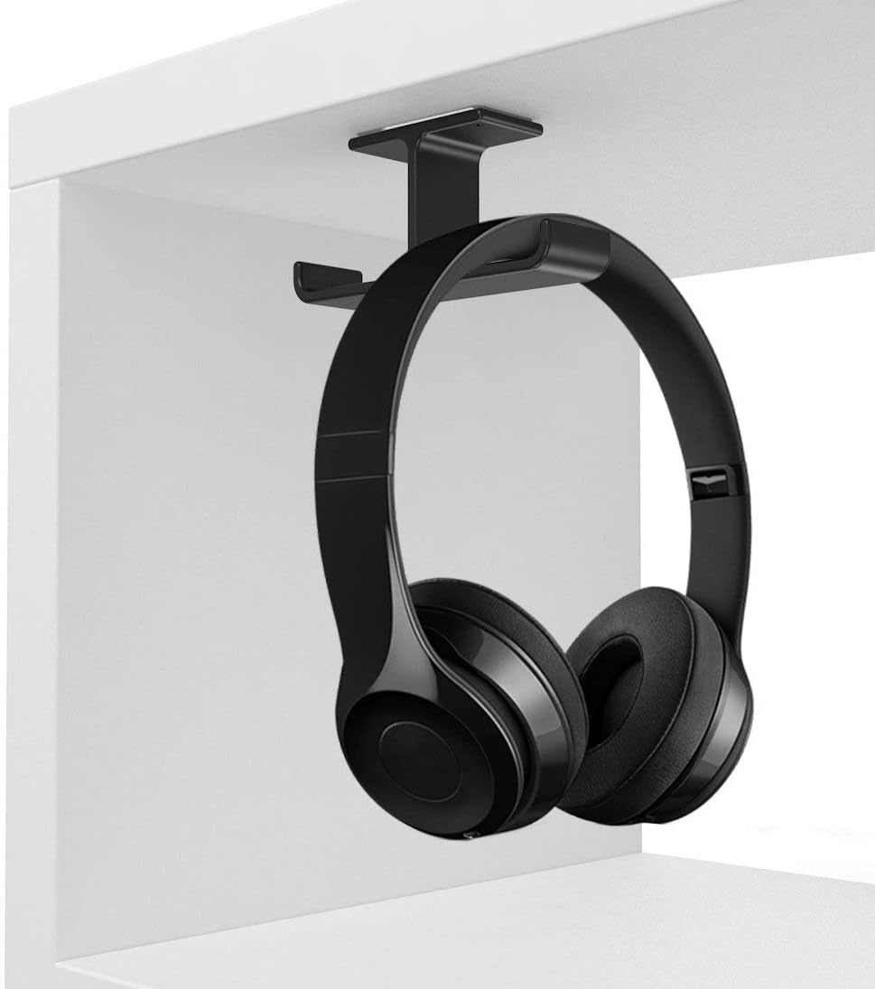 Space-Saving Dual Headphone Hanger Stand - Aluminum Adhesive & Screw Mount for All Headsets, Perfect PC Gaming Accessory - Black