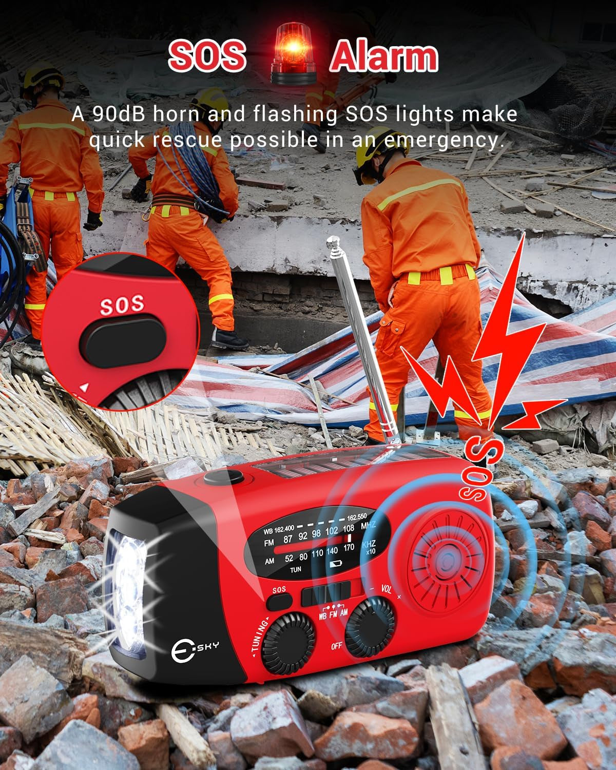 Esky Emergency Hand Crank Radio 7400Mwh with 3 LED Flashlight, AM/FM/NOAA Portable Weather Radio with Built-In 2000Mah Battery, Solar Powered Radio for Indoor Outdoor Survival Camping, SOS Alarm