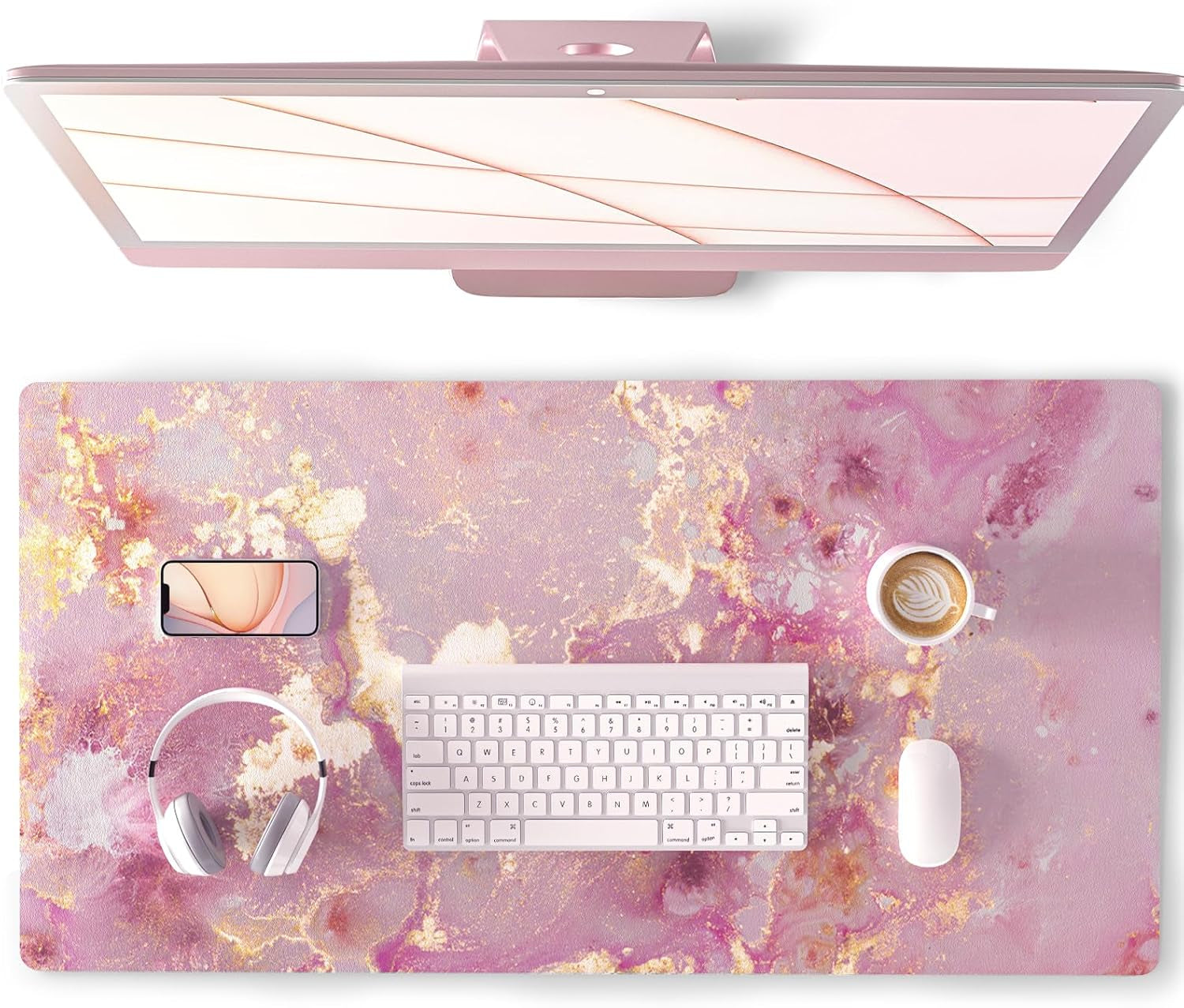 QIYI White Mouse Pad, Cute Marble Large Desk Mat, PU Leather Desk Protector Mousepad, Gold Grey Striped Waterproof Computer Keyboard Gaming Mouse Pads, Non Slip Extended Writing Pad 31.5" X 15.7"