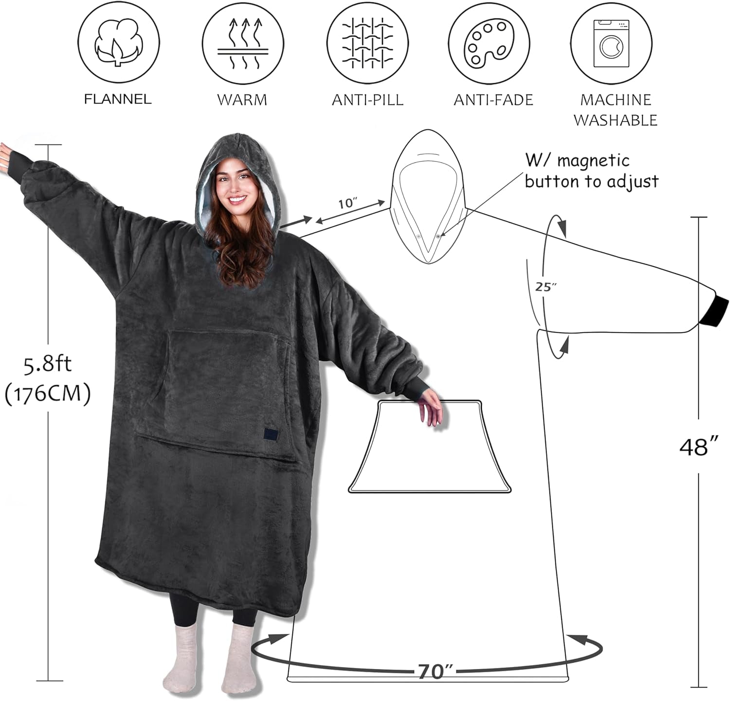 Cozy Up with Tirrinia Extra Long Oversized Sherpa Hoodie Blanket - Perfect Christmas Gift for Men, Women, and Teens in Grey!