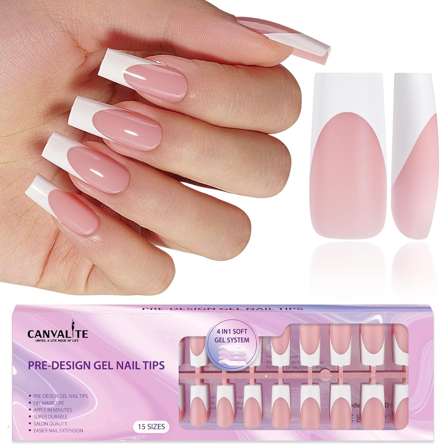 Canvalite 300Pcs French Tip Press on Nails - Pre-Colored Almond Fake Nails with Designs for Quick & Easy DIY Nail Extensions - Perfect Valentines Day Gift in Pink & White