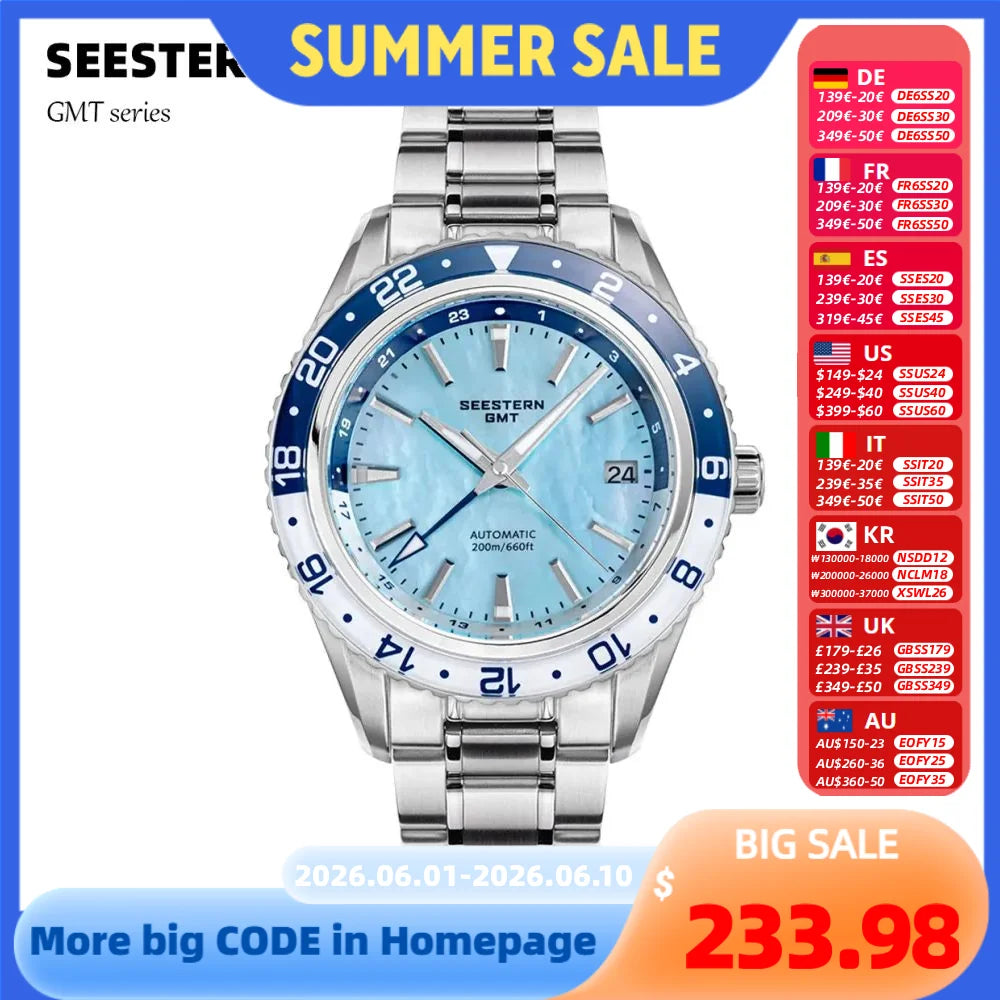 SEESTERN Men of Watch Office GMT Automatic NH34 Movement Sapphire Glass Bezel 20Bar Waterproof Diver Mechanical Wristwatch S456