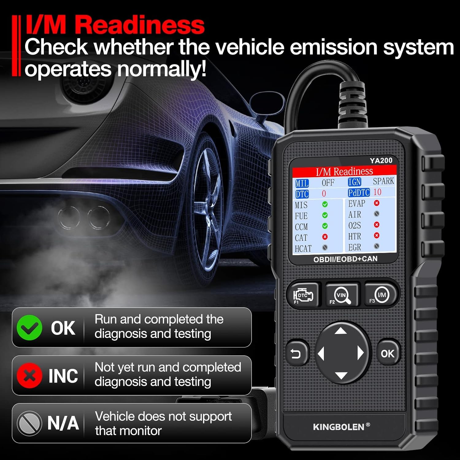 KINGBOLEN YA200 OBD2 Scanner, Car OBD2 Code Reader Check Engine Light, Car Scanner OBDII Full Functions with Voltage Test OBD2 Scanner Diagnostic Tool for All OBDII CAN Protocol Cars since 1996