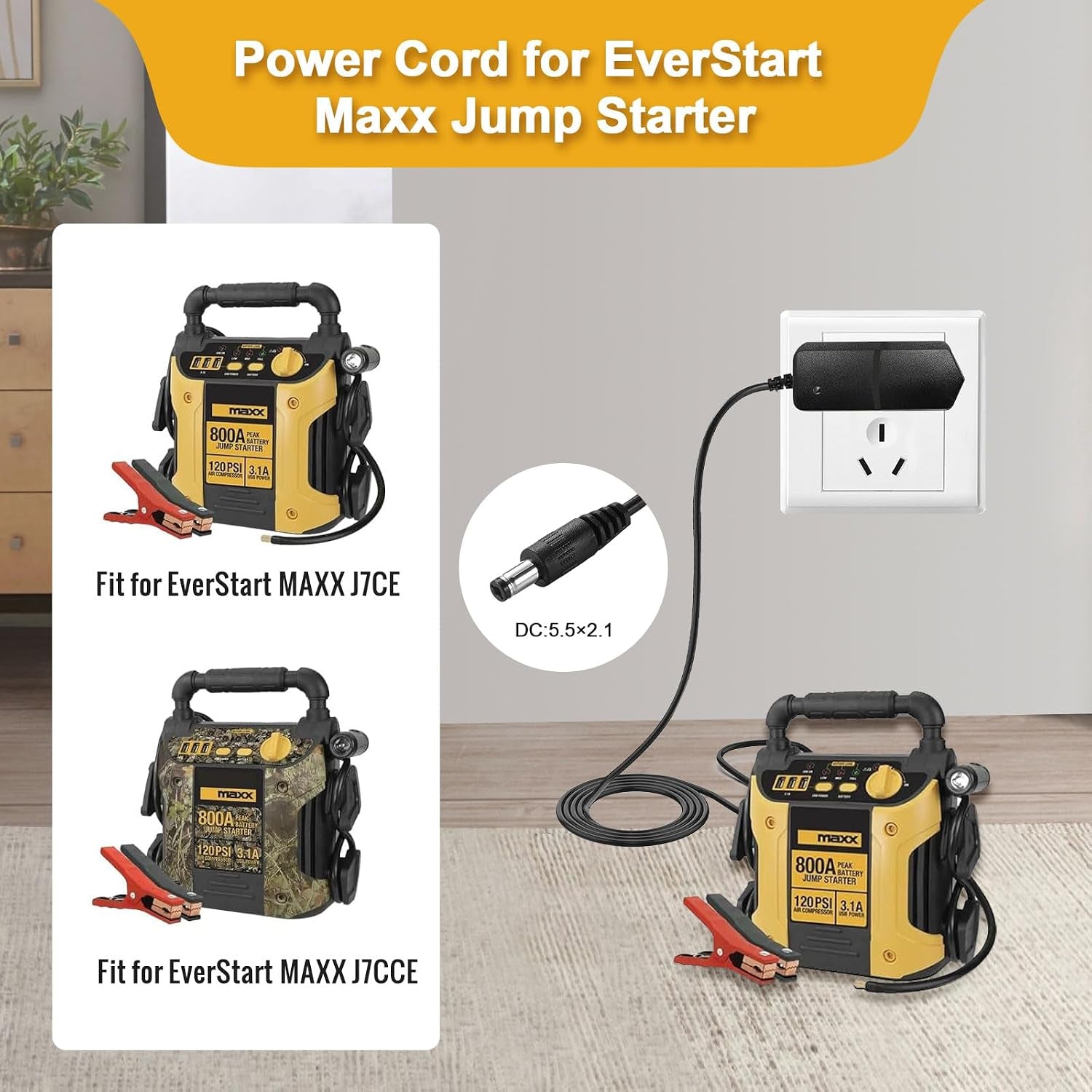 12V Charger AC/DC Power Cord for Everstart Maxx Jump Starte Battery Charger Compatible with AVAPOW Ever Start Max J7CCE J7CE 800A 800 Peak Amps Battery Car Jump Starter