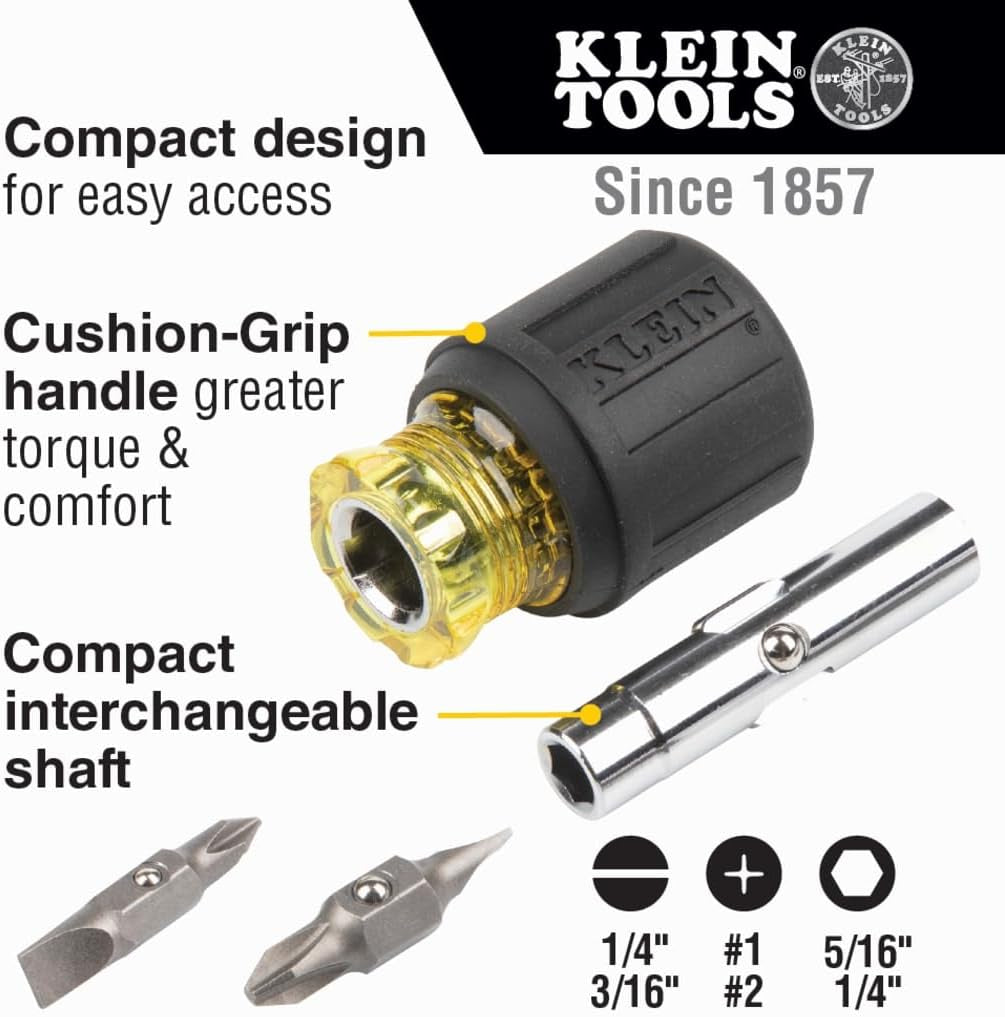 Klein Tools 32561 6-in-1 Stubby Multi-Bit Screwdriver & Nut Driver - Versatile Tool with 2 Phillips, 2 Slotted, and 2 Nut Drivers