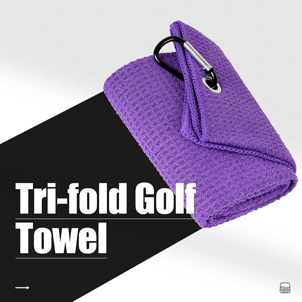 Mile High Life Tri-Fold Golf Towel | 16" X 24" | Premium Microfiber Fabric | Waffle Pattern | with Heavy Duty Carabiner Clip | for Men and Women (Purple)