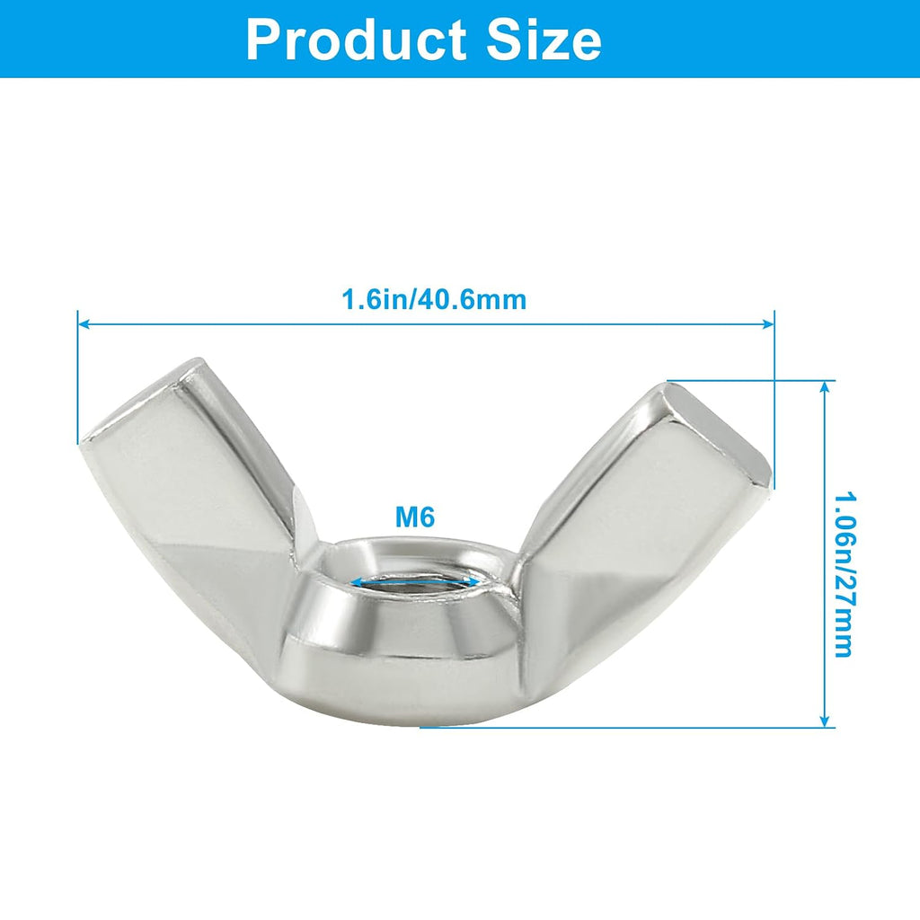 Waziaqoc 20 Pcs M6 Wing Nuts, 304 Stainless Steel Wing Nuts Fasteners Parts DIN315 Butterfly Nut