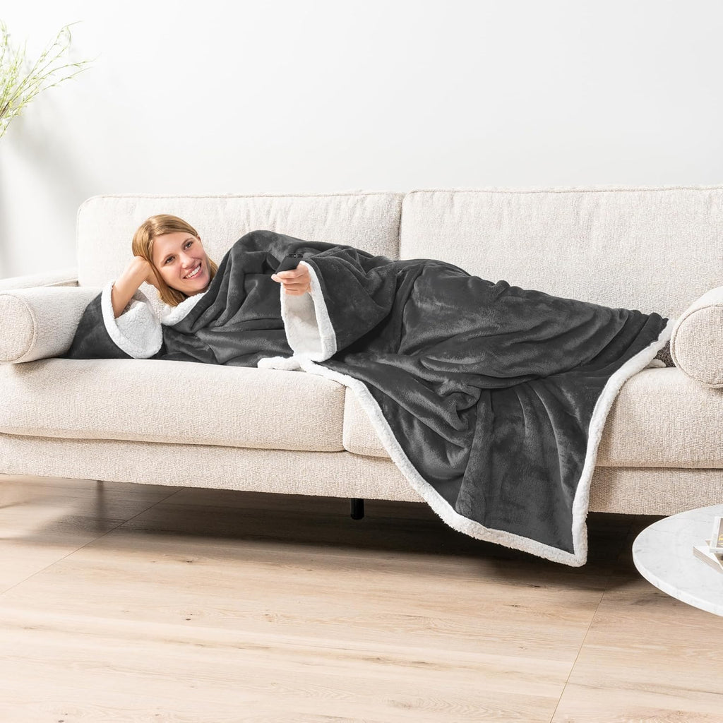 PAVILIA Cozy Sherpa Wearable Blanket with Sleeves & Pocket - Perfect Plush Gift for Women & Men - Dark Grey