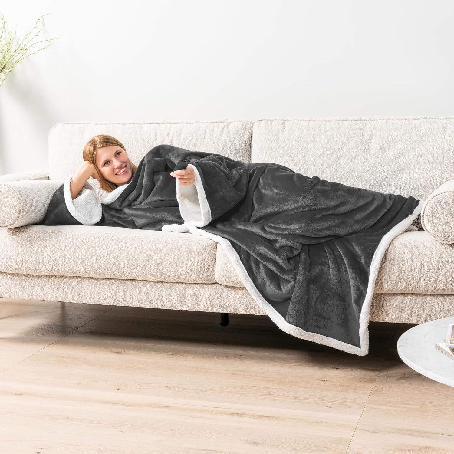 PAVILIA Cozy Sherpa Wearable Blanket with Sleeves & Pocket - Perfect Plush Gift for Women & Men - Dark Grey