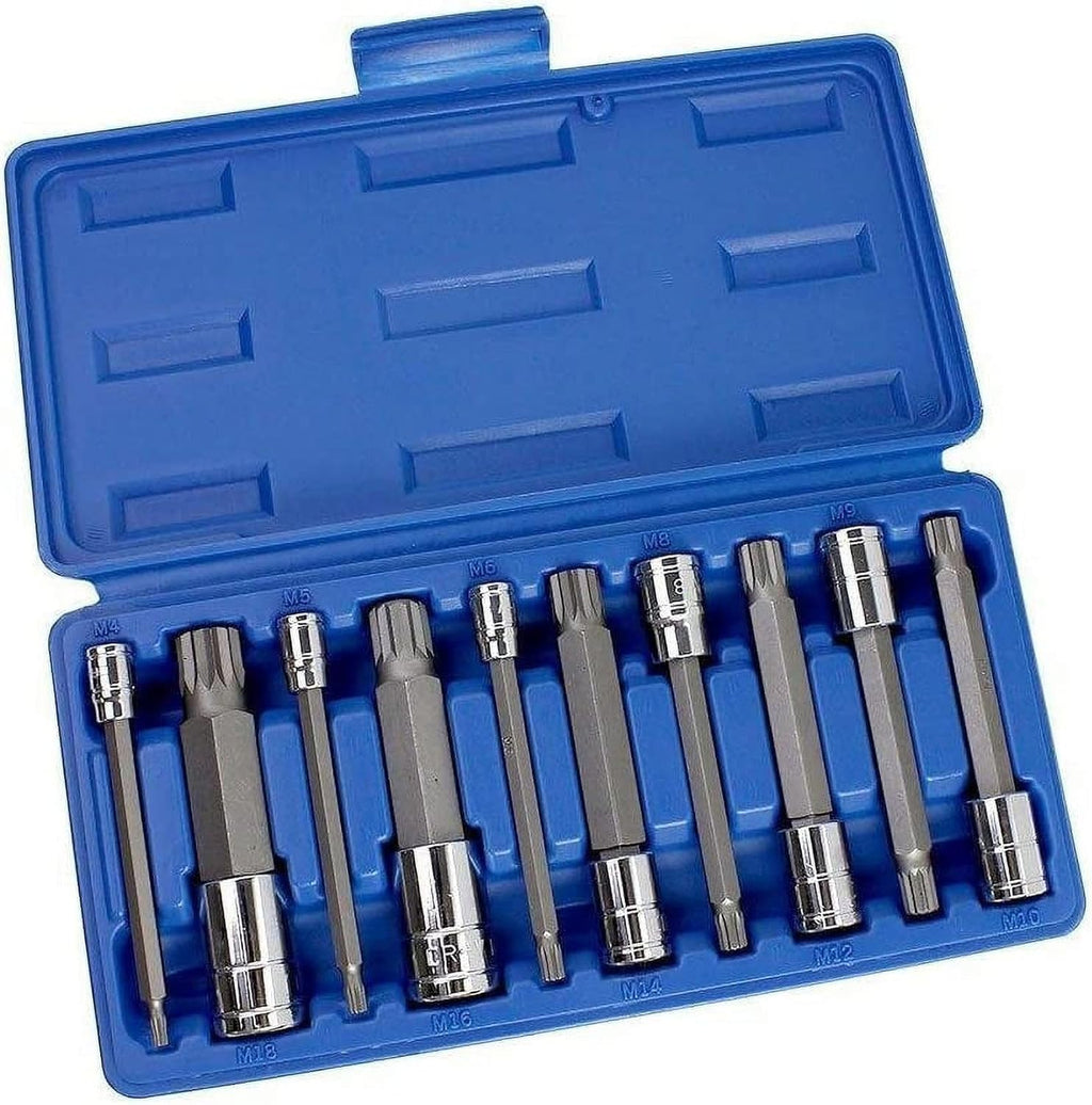 NEIKO 10054A Extra Long XZN Triple Square Spline Bit Socket Set - 10-Piece, 4" Length, 4mm to 18mm, Durable S2 and Cr-V Steel