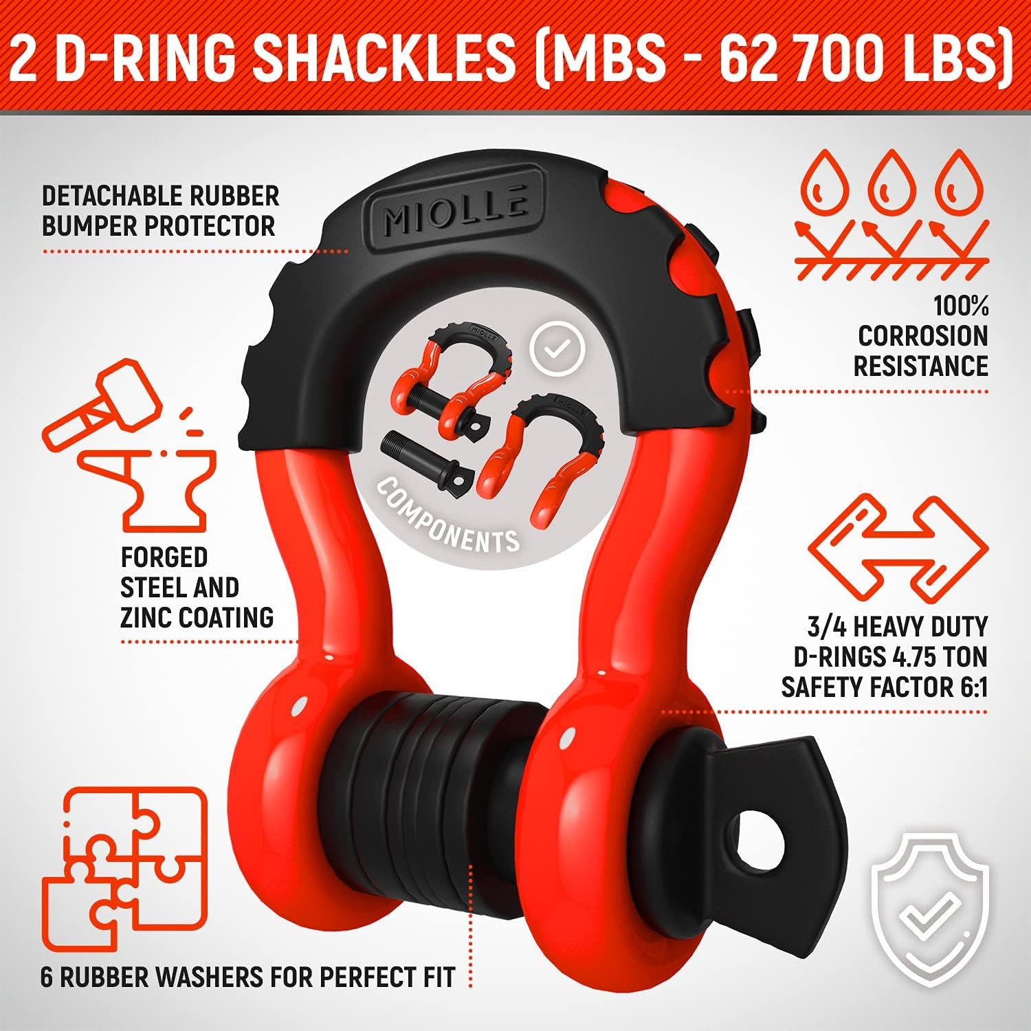 Miollegear Heavy-Duty 4”x30’ Tow Strap Kit - 45000Lbs MBS Recovery Strap with Tow Rope, 2 D-Ring Shackles (MBS 62700Lbs) & Storage Case
