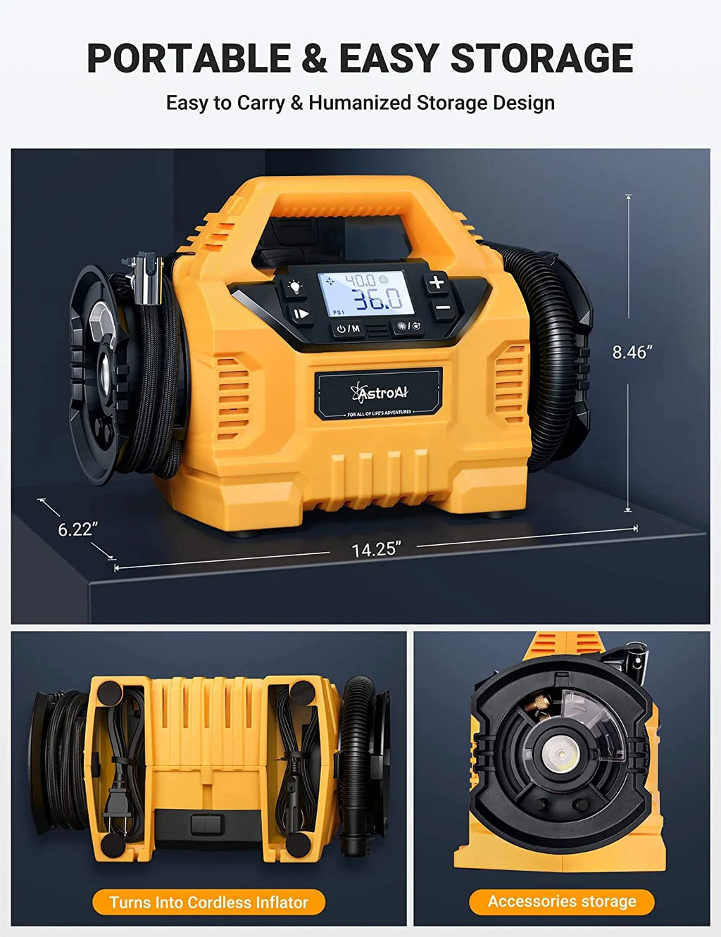 Tire Inflator 160 PSI, Cordless Air Compressor Multi Power Supply, Air Pump for Tires, Portable
